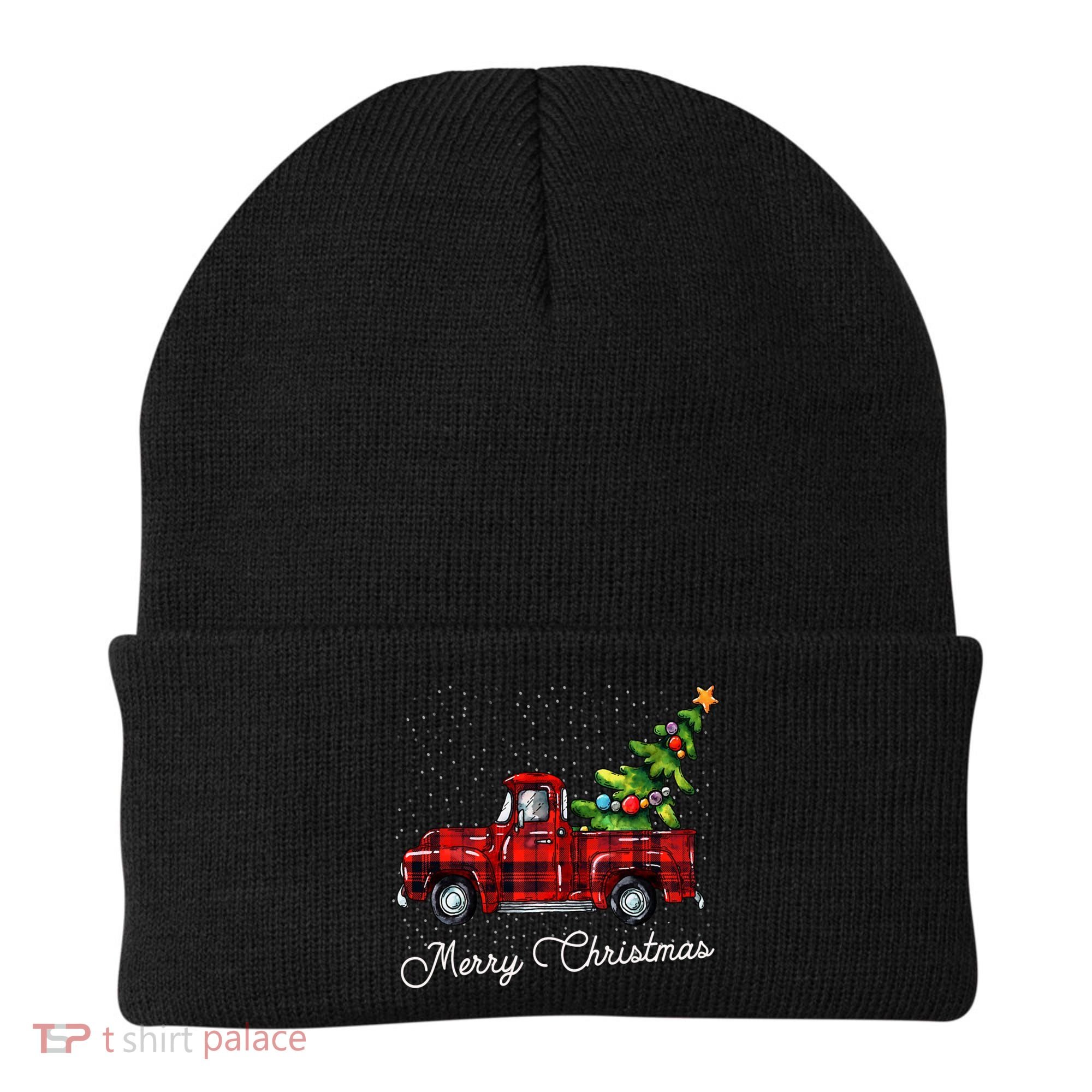 Red Buffalo Plaid Pickup Truck With Tree Merry Christmas Beanie