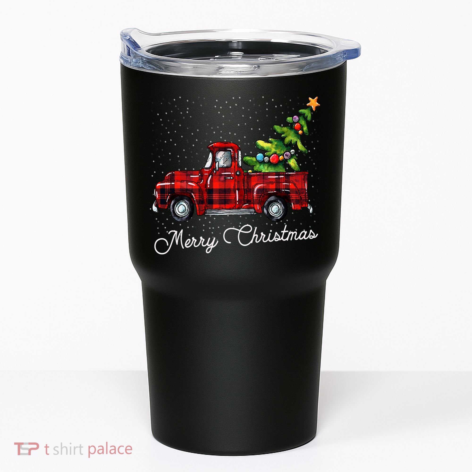 Red Buffalo Plaid Pickup Truck With Tree Merry Christmas Tumbler