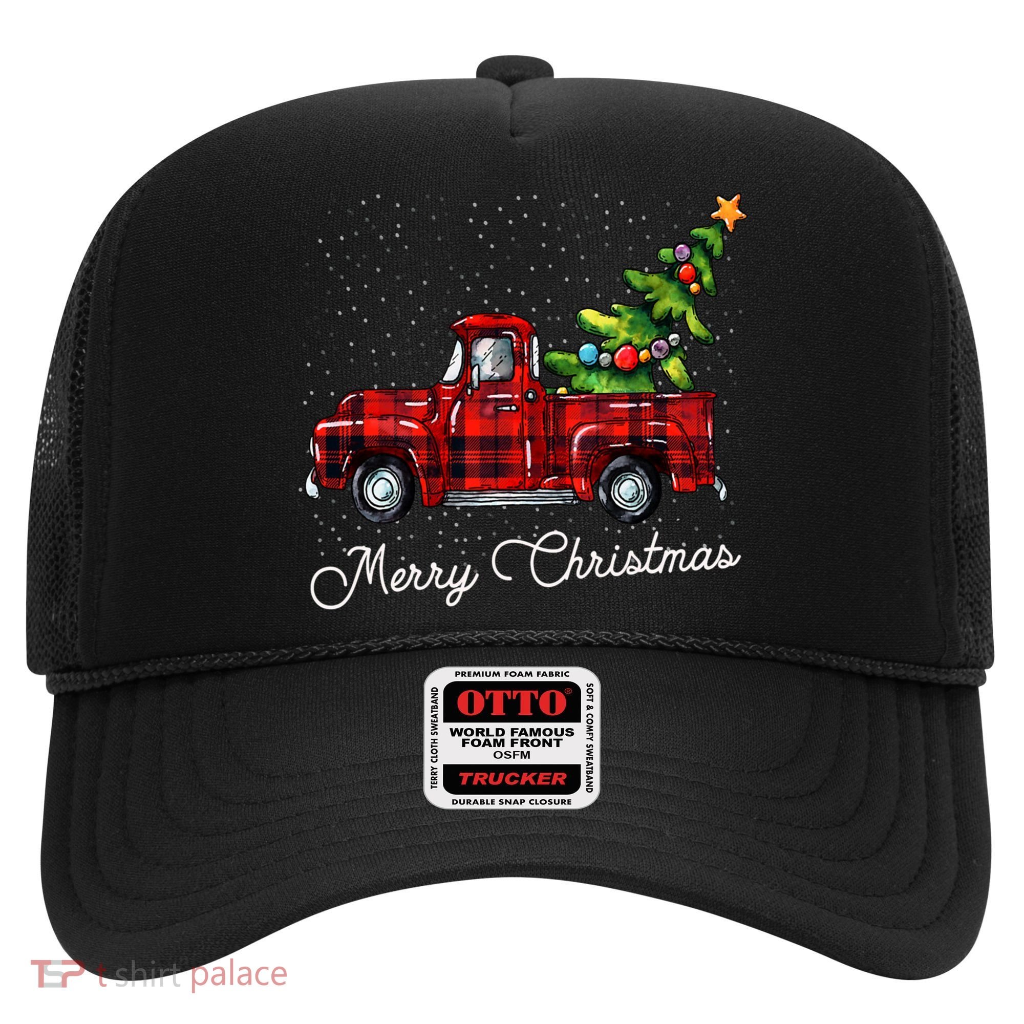 Red Buffalo Plaid Pickup Truck With Tree Merry Christmas Hat