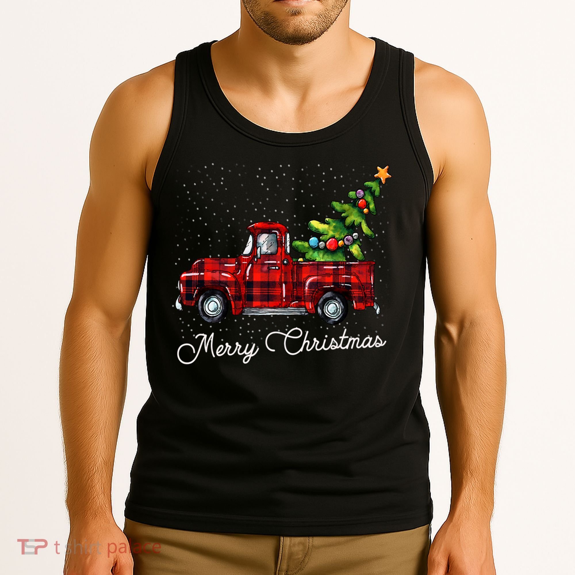 Red Buffalo Plaid Pickup Truck With Tree Merry Christmas Tank Top