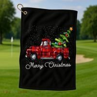 Red Buffalo Plaid Pickup Truck With Tree Merry Christmas Golf Towel thumb 1