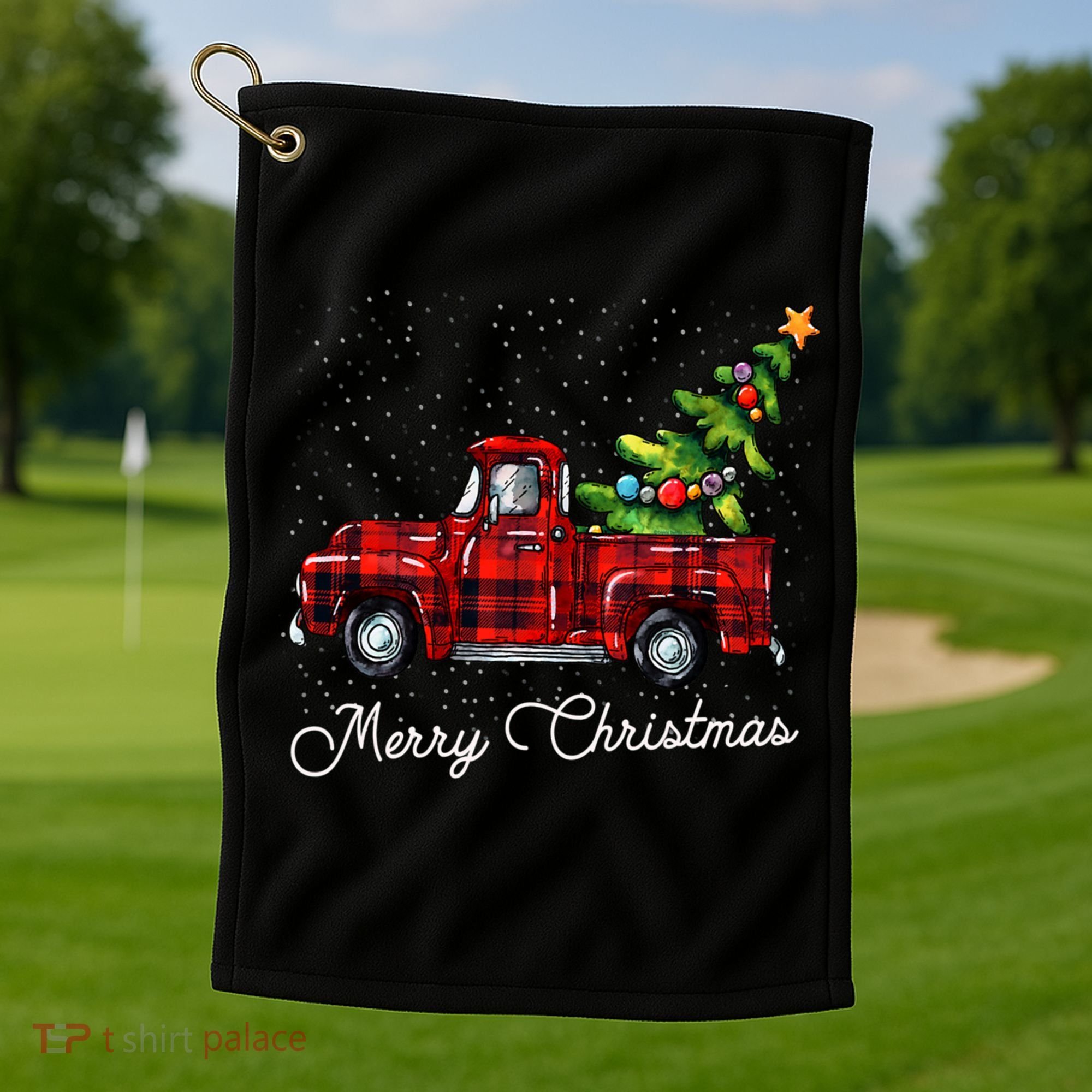 Red Buffalo Plaid Pickup Truck With Tree Merry Christmas Golf Towel