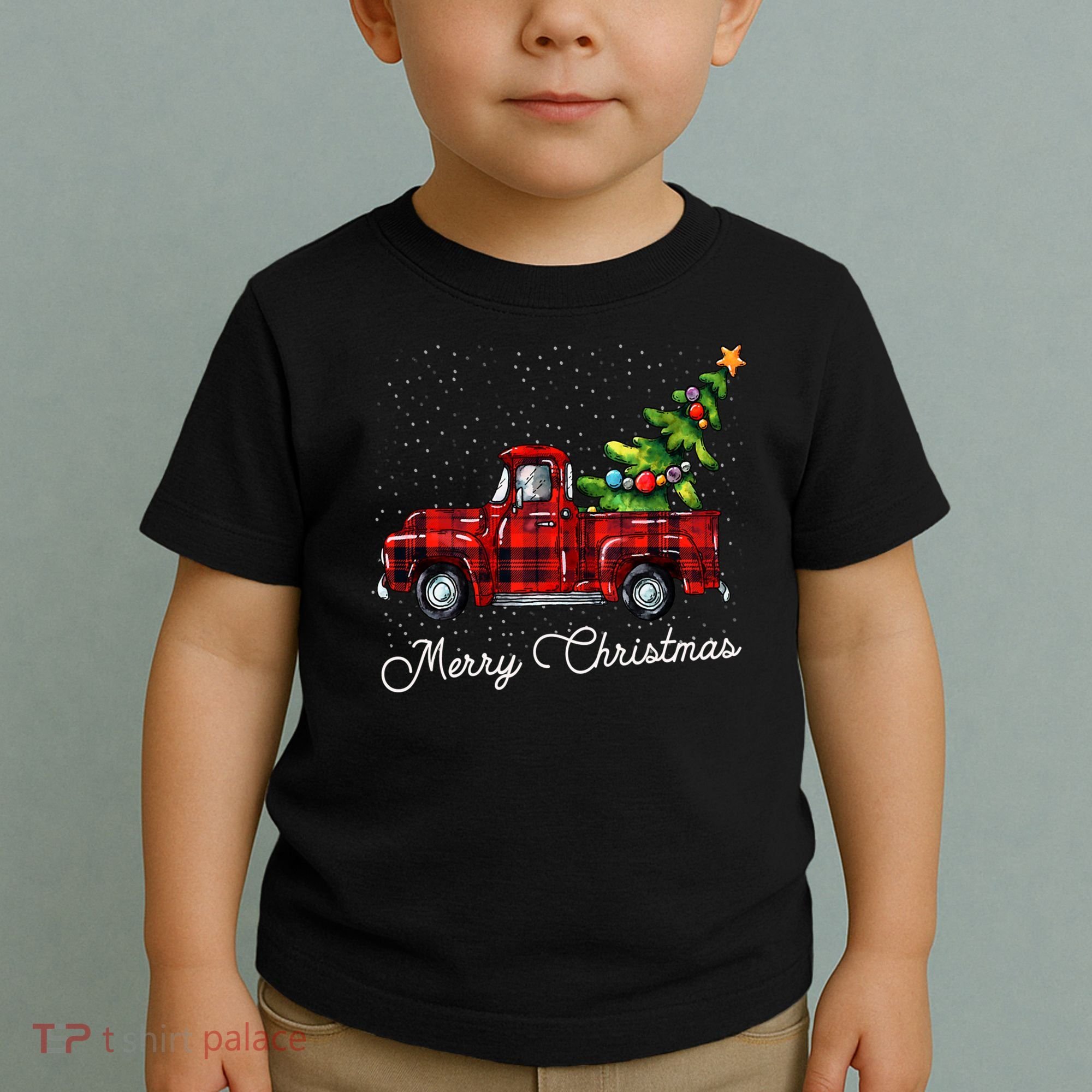 Red Buffalo Plaid Pickup Truck With Tree Merry Christmas Toddler T-Shirt