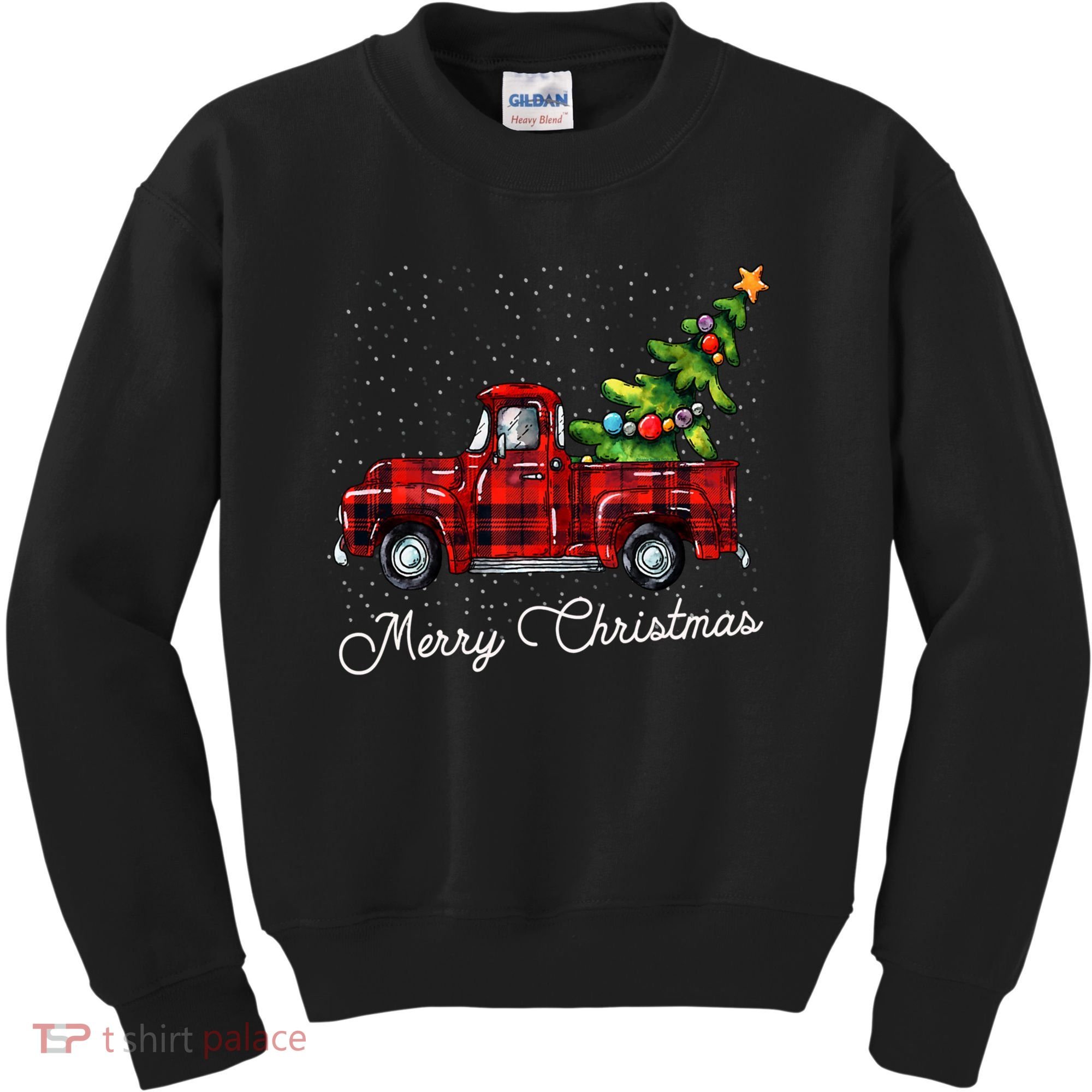 Red Buffalo Plaid Pickup Truck With Tree Merry Christmas Kids Sweatshirt