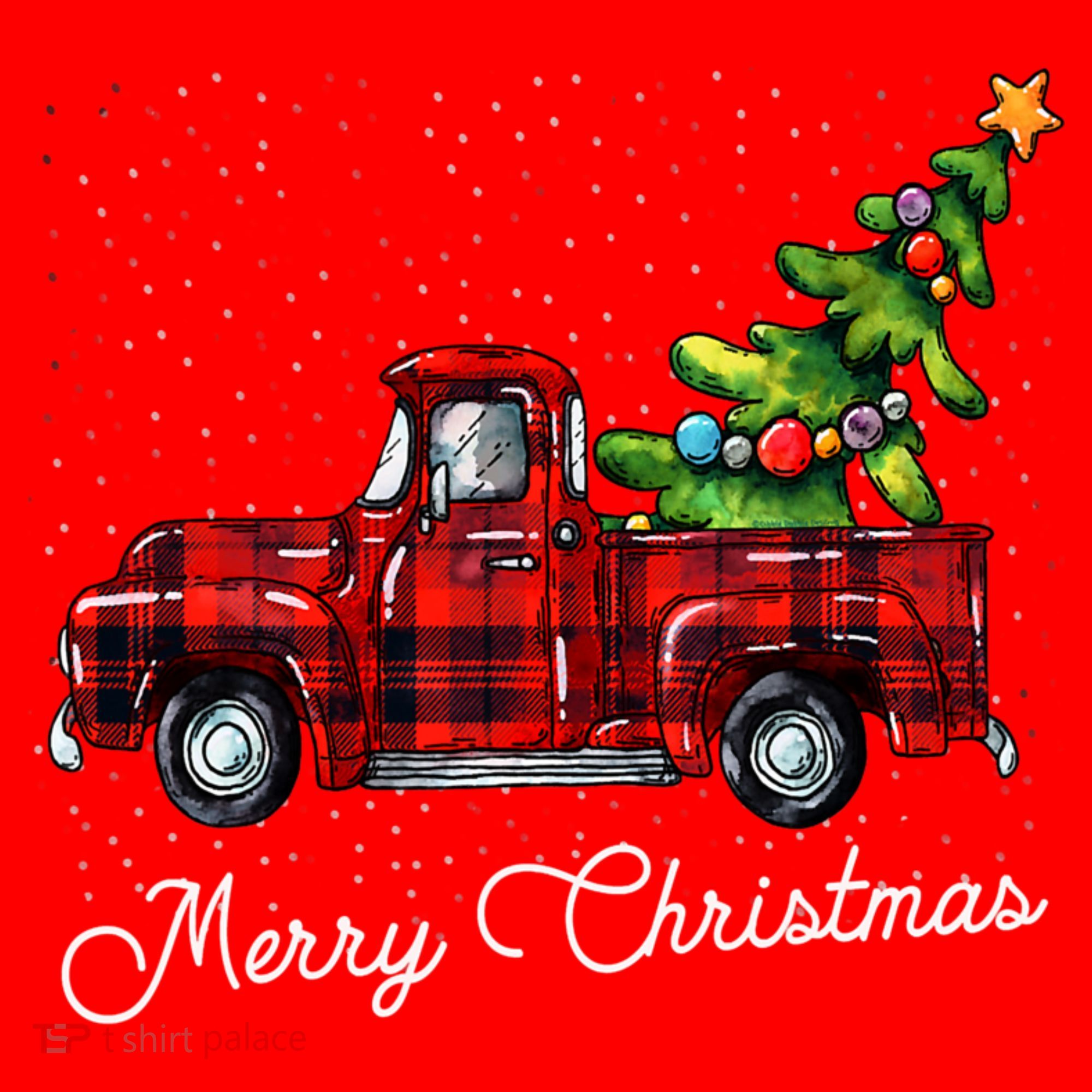 Red Buffalo Plaid Pickup Truck With Tree Merry Christmas Santa Hat