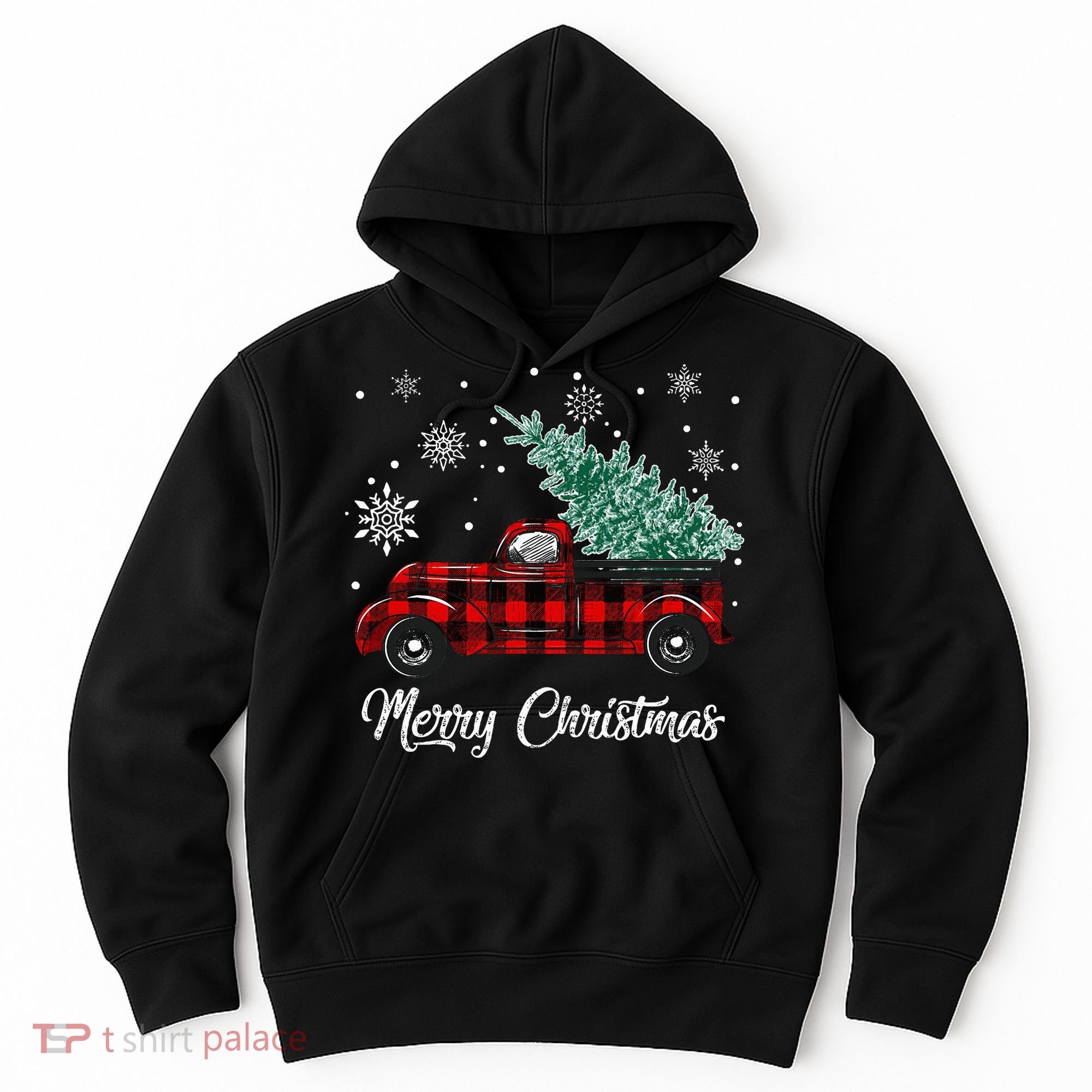 Red Buffalo Plaid Pickup Truck with Tree Merry Christmas Hoodie