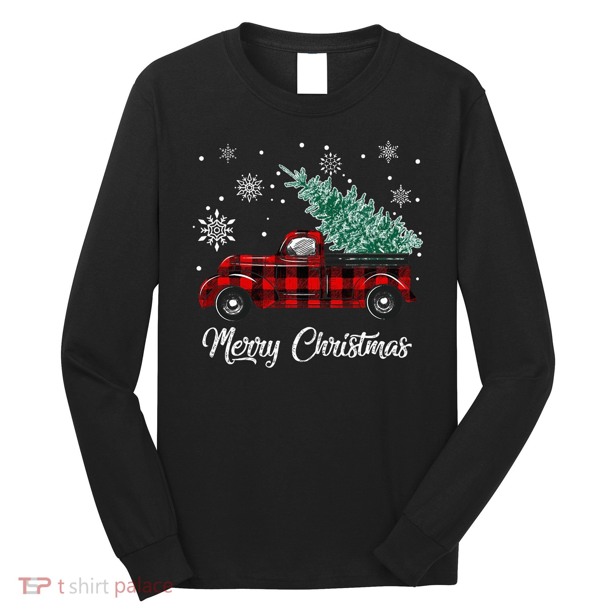 Red Buffalo Plaid Pickup Truck with Tree Merry Christmas Long Sleeve Shirt