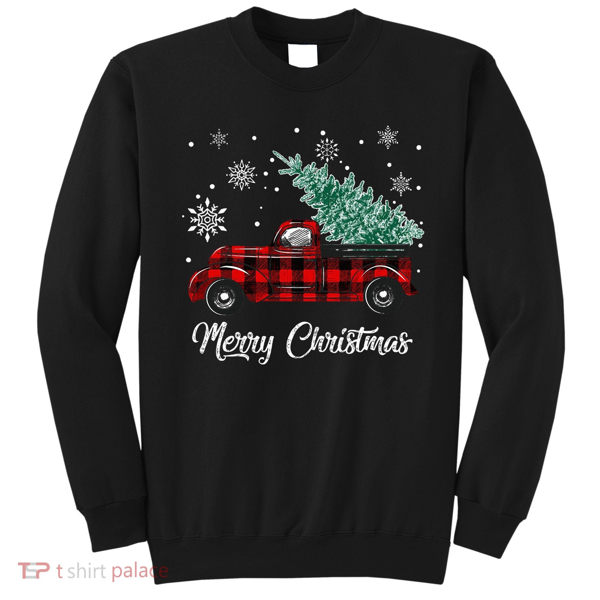 Red Buffalo Plaid Pickup Truck with Tree Merry Christmas Sweatshirt