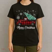 Red Buffalo Plaid Pickup Truck with Tree Merry Christmas T-Shirt thumb 4