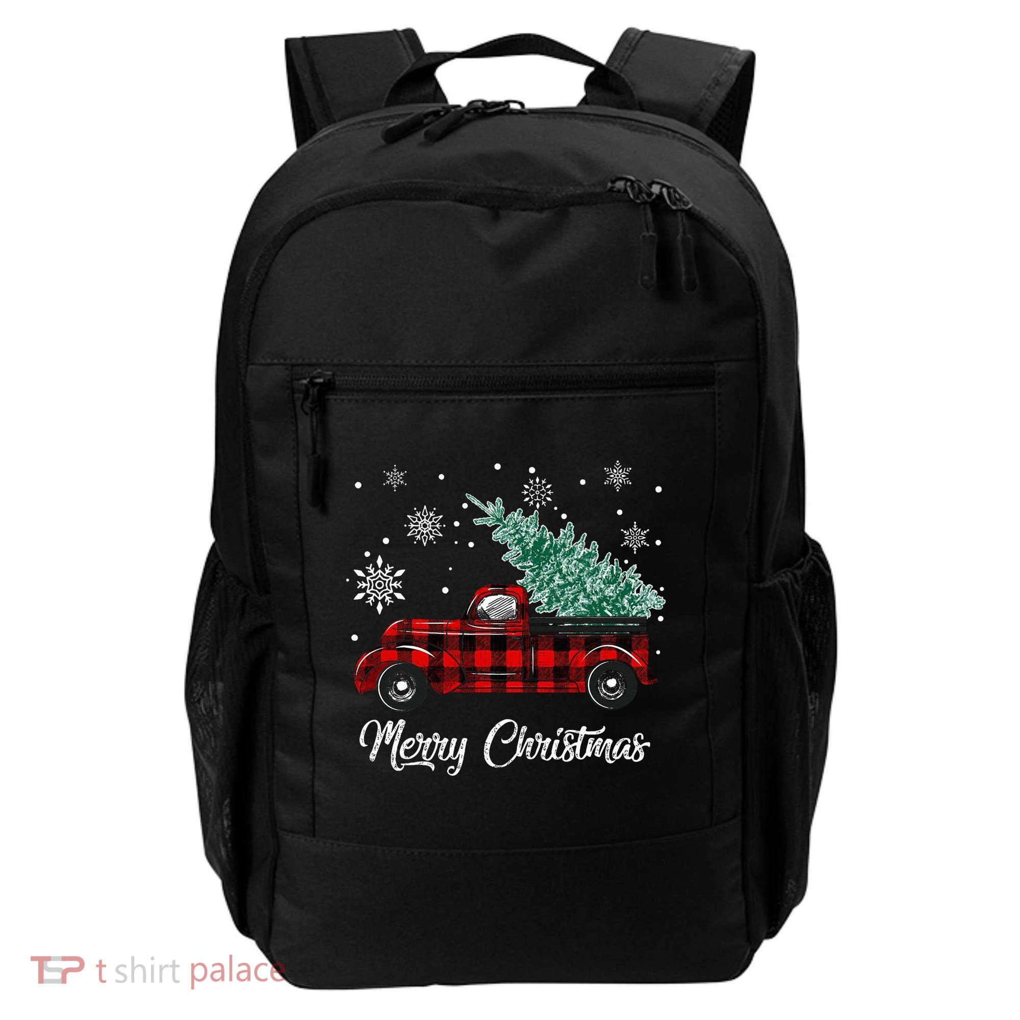 Red Buffalo Plaid Pickup Truck with Tree Merry Christmas Backpack