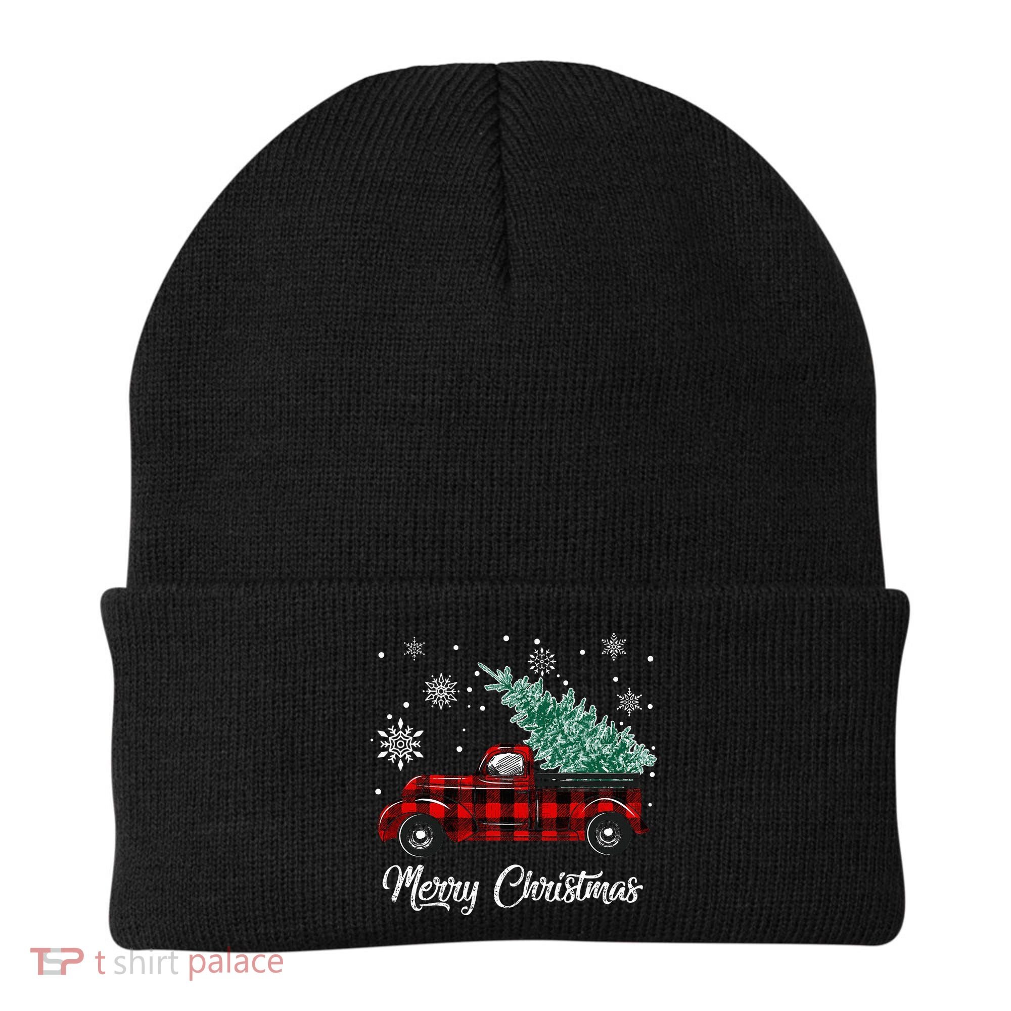 Red Buffalo Plaid Pickup Truck with Tree Merry Christmas Beanie