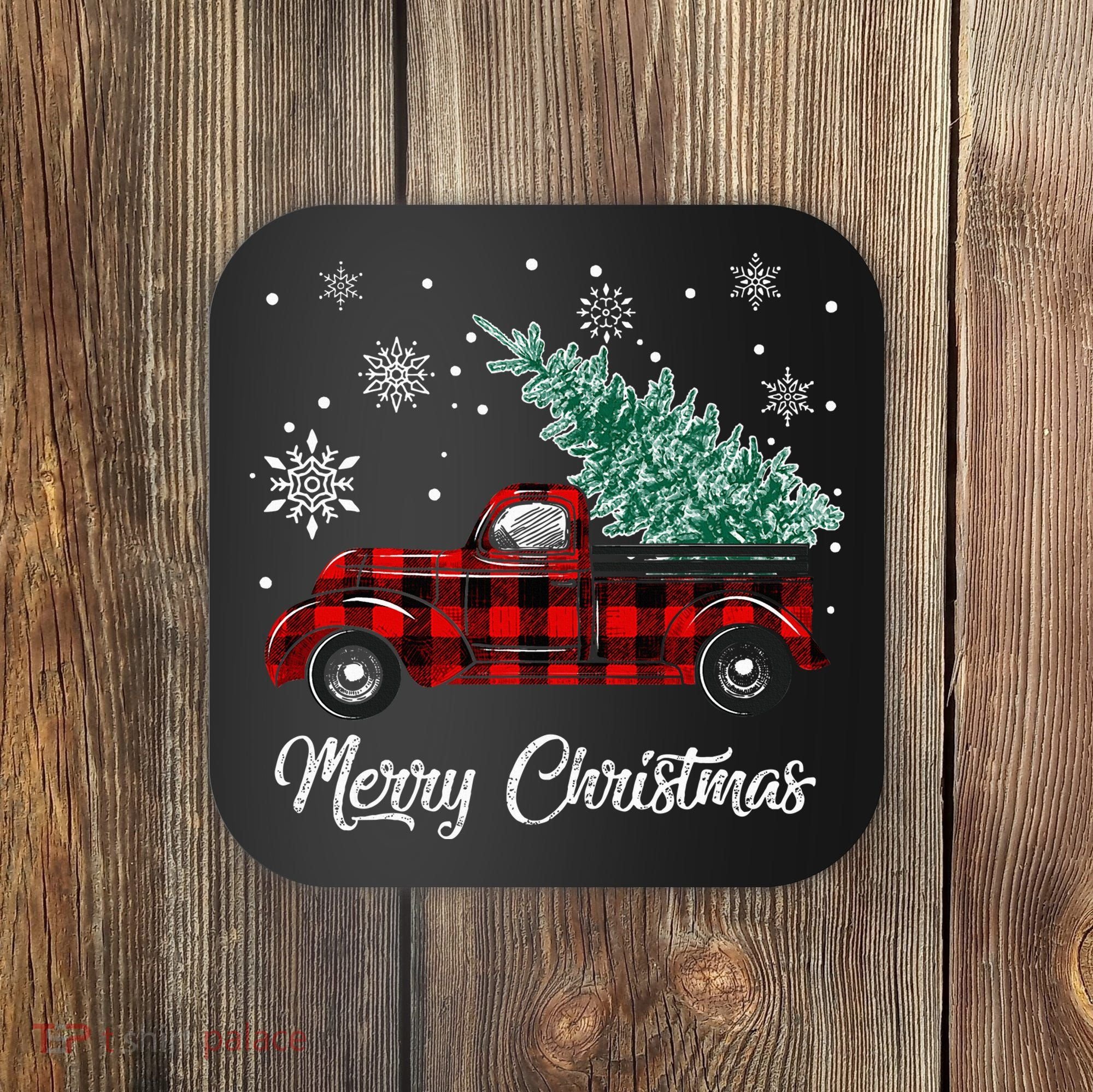 Red Buffalo Plaid Pickup Truck with Tree Merry Christmas Coaster