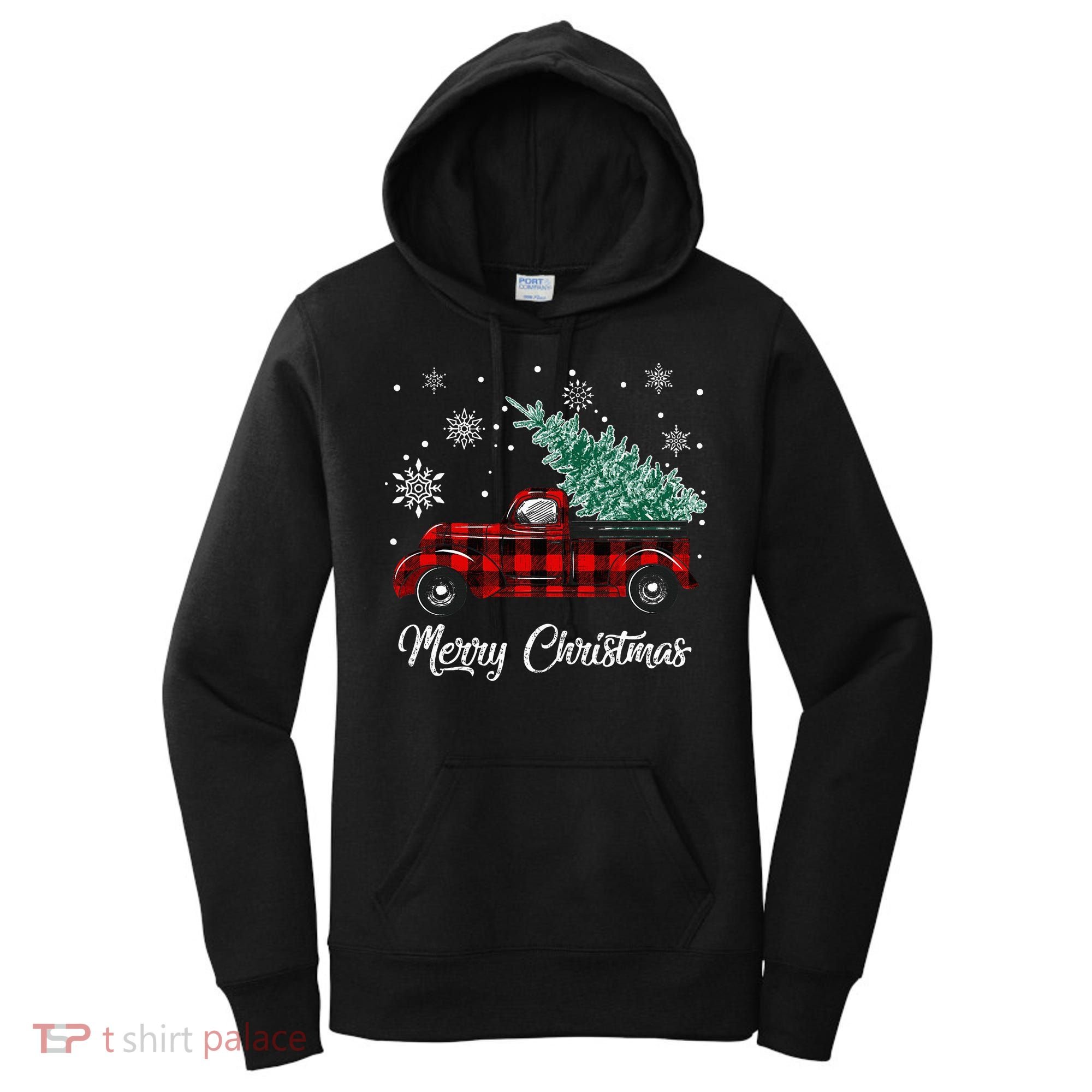 Red Buffalo Plaid Pickup Truck with Tree Merry Christmas Women's Hoodie