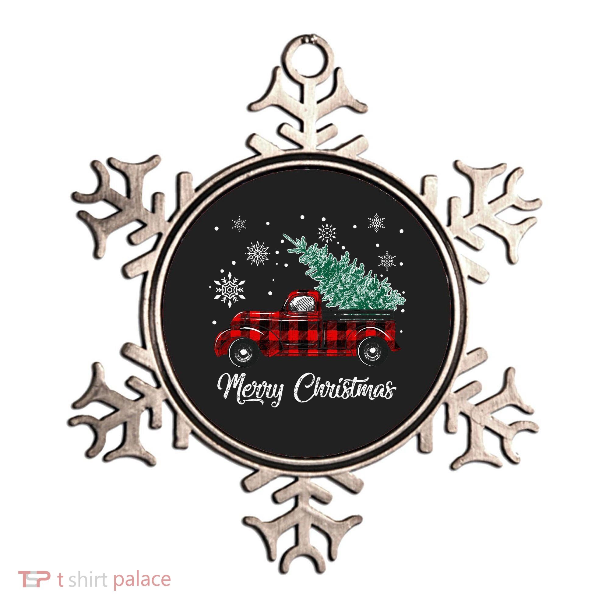 Red Buffalo Plaid Pickup Truck with Tree Merry Christmas Ornament