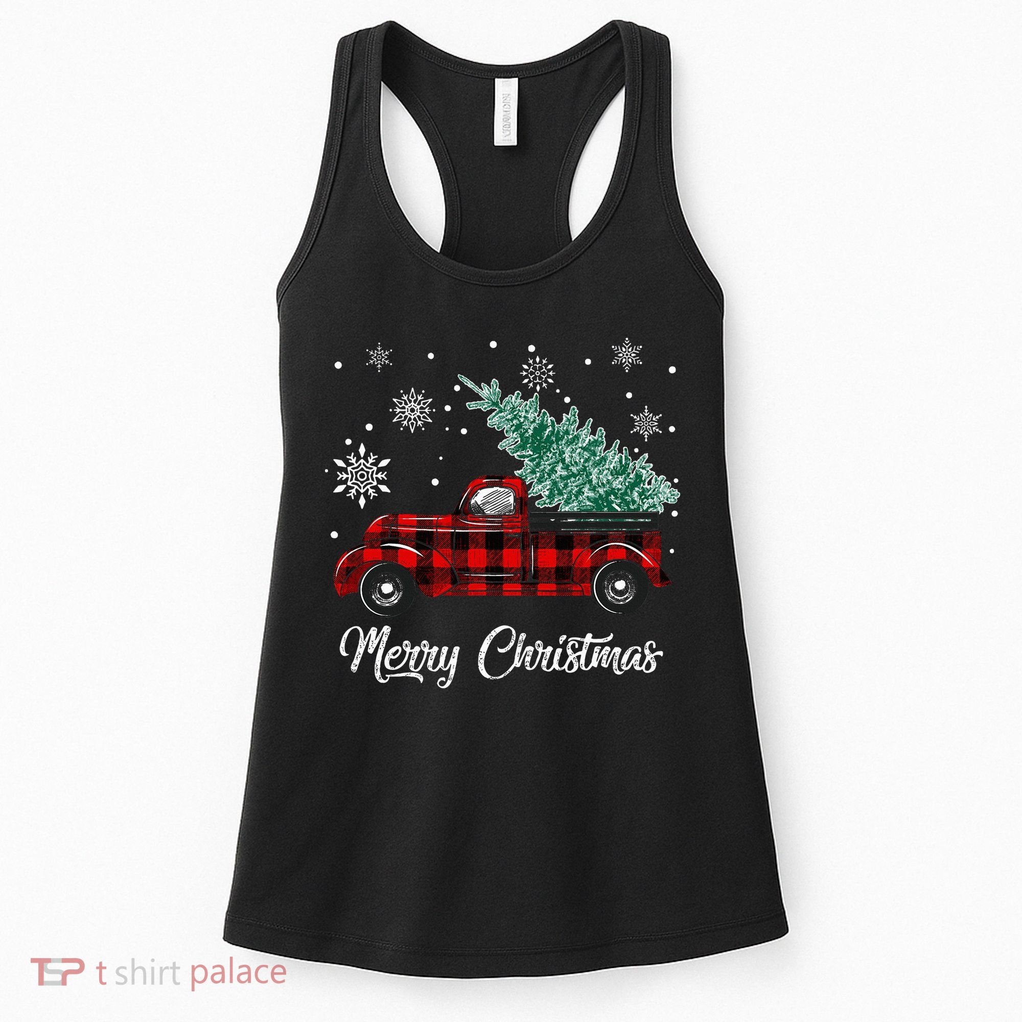 Red Buffalo Plaid Pickup Truck with Tree Merry Christmas Women's Tank Top