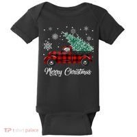 Red Buffalo Plaid Pickup Truck with Tree Merry Christmas Baby Bodysuit thumb 0