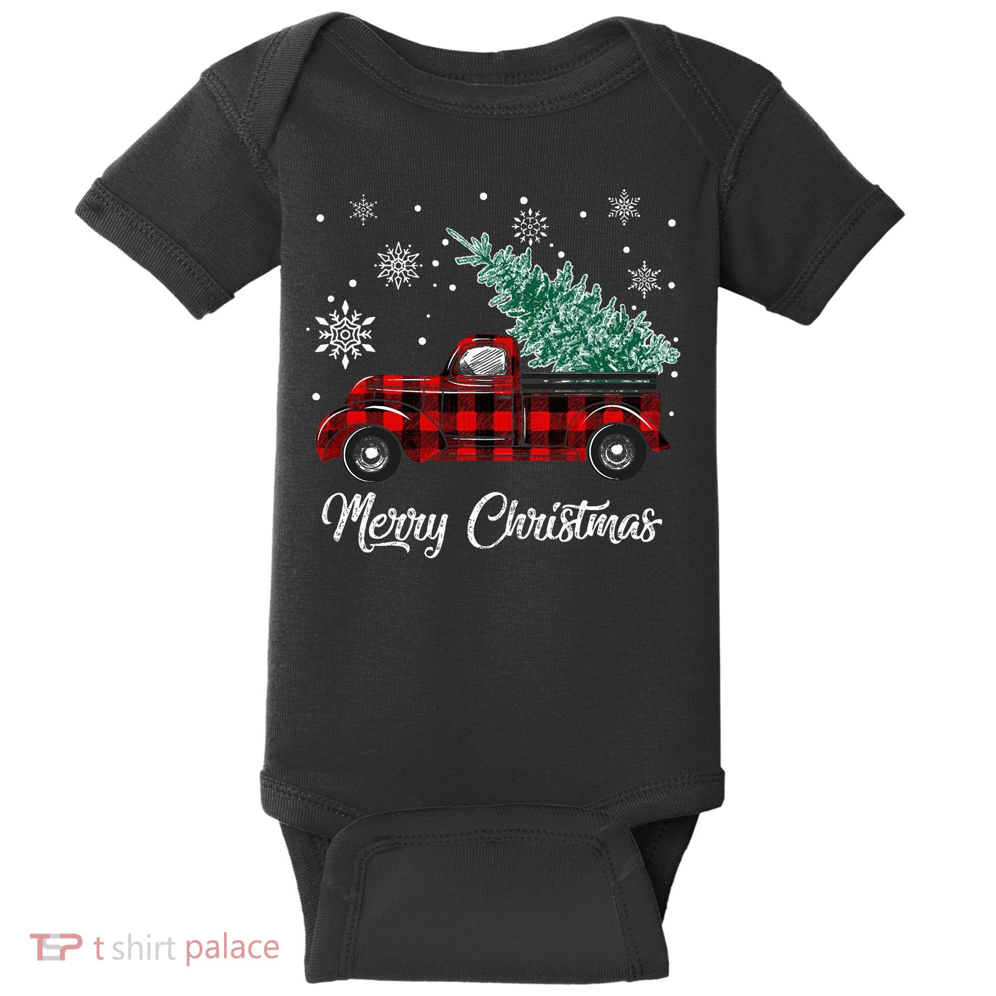 Red Buffalo Plaid Pickup Truck with Tree Merry Christmas Baby Bodysuit