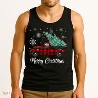 Red Buffalo Plaid Pickup Truck with Tree Merry Christmas Tank Top thumb 3