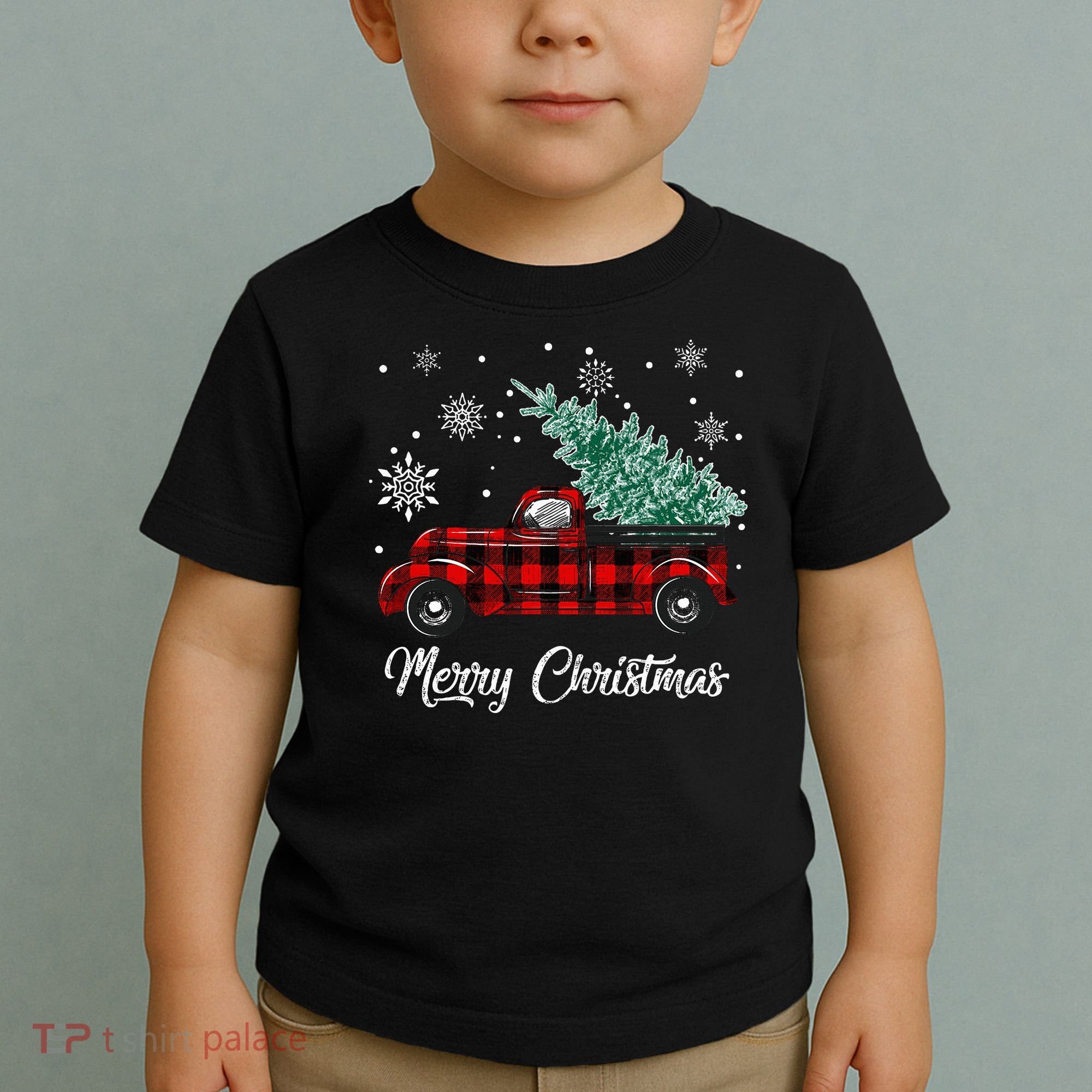 Red Buffalo Plaid Pickup Truck with Tree Merry Christmas Toddler T-Shirt