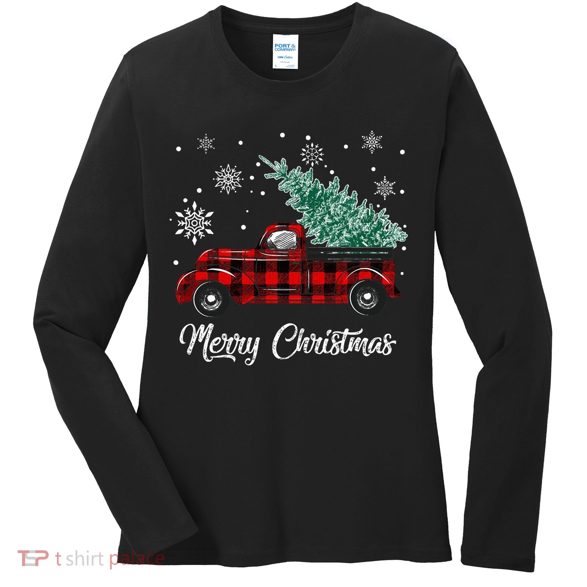 Red Buffalo Plaid Pickup Truck with Tree Merry Christmas Women's Long Sleeve Shirt