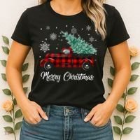 Red Buffalo Plaid Pickup Truck with Tree Merry Christmas Women's T-Shirt thumb 2