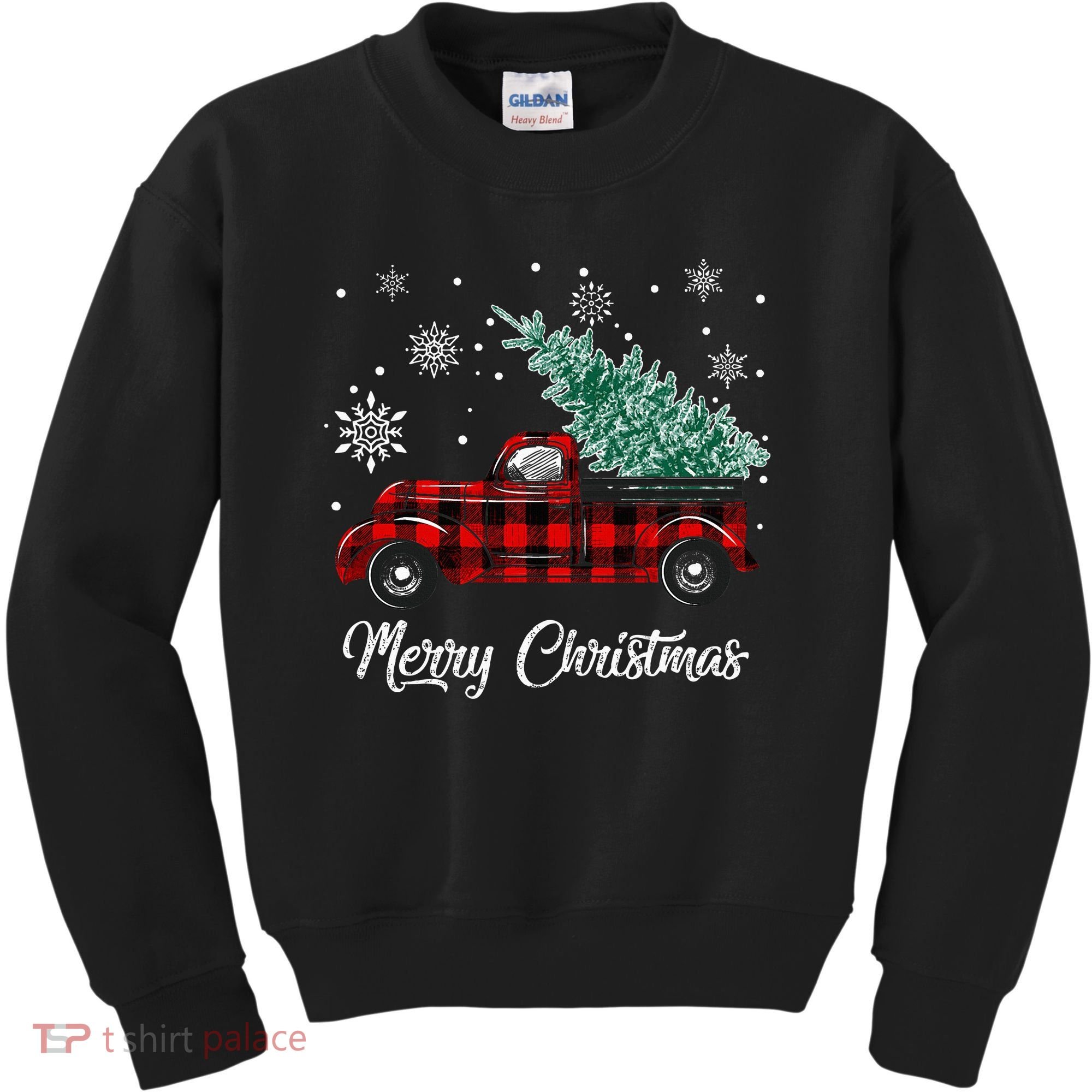 Red Buffalo Plaid Pickup Truck with Tree Merry Christmas Kids Sweatshirt