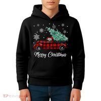 Red Buffalo Plaid Pickup Truck with Tree Merry Christmas Kids Hoodie thumb 4