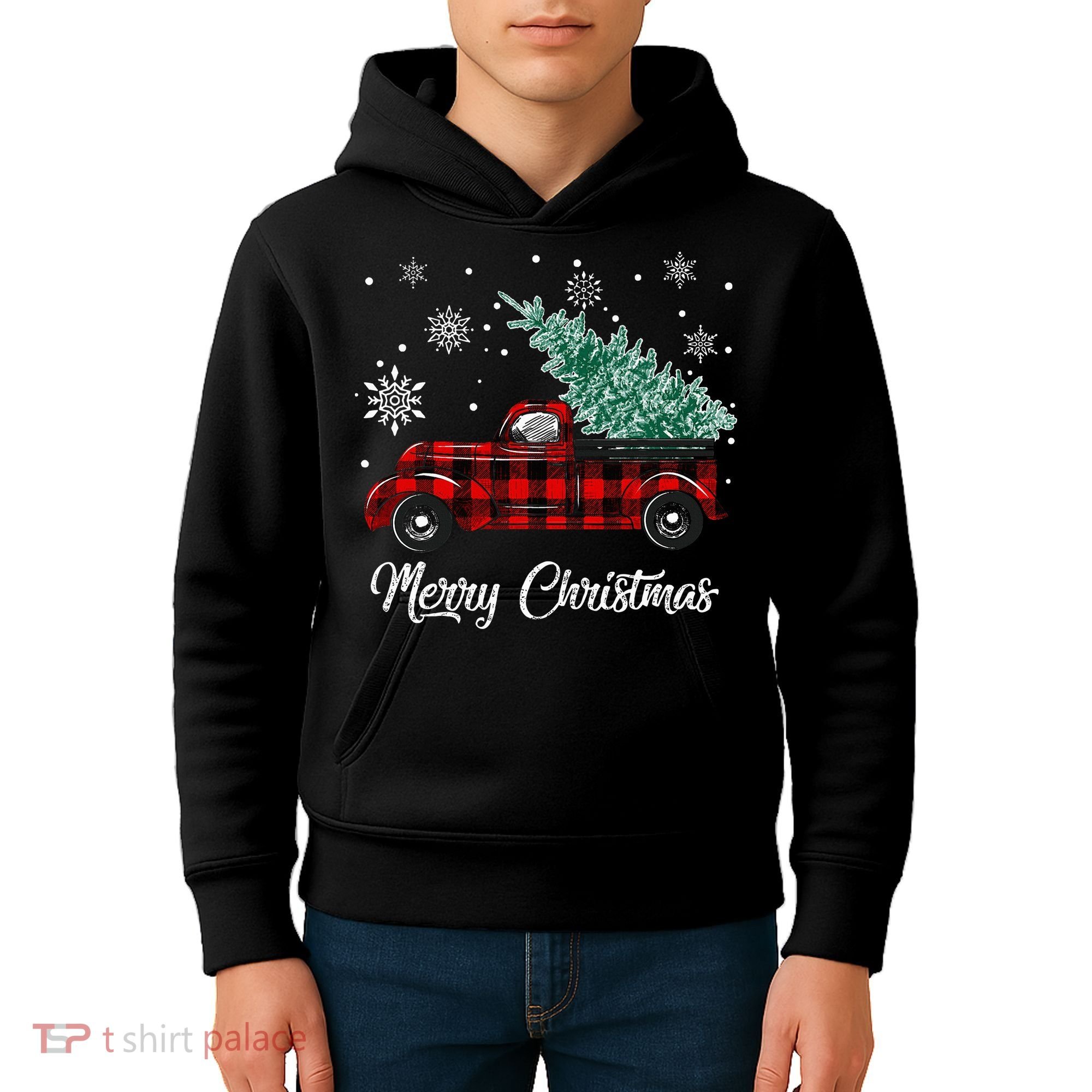 Red Buffalo Plaid Pickup Truck with Tree Merry Christmas Kids Hoodie