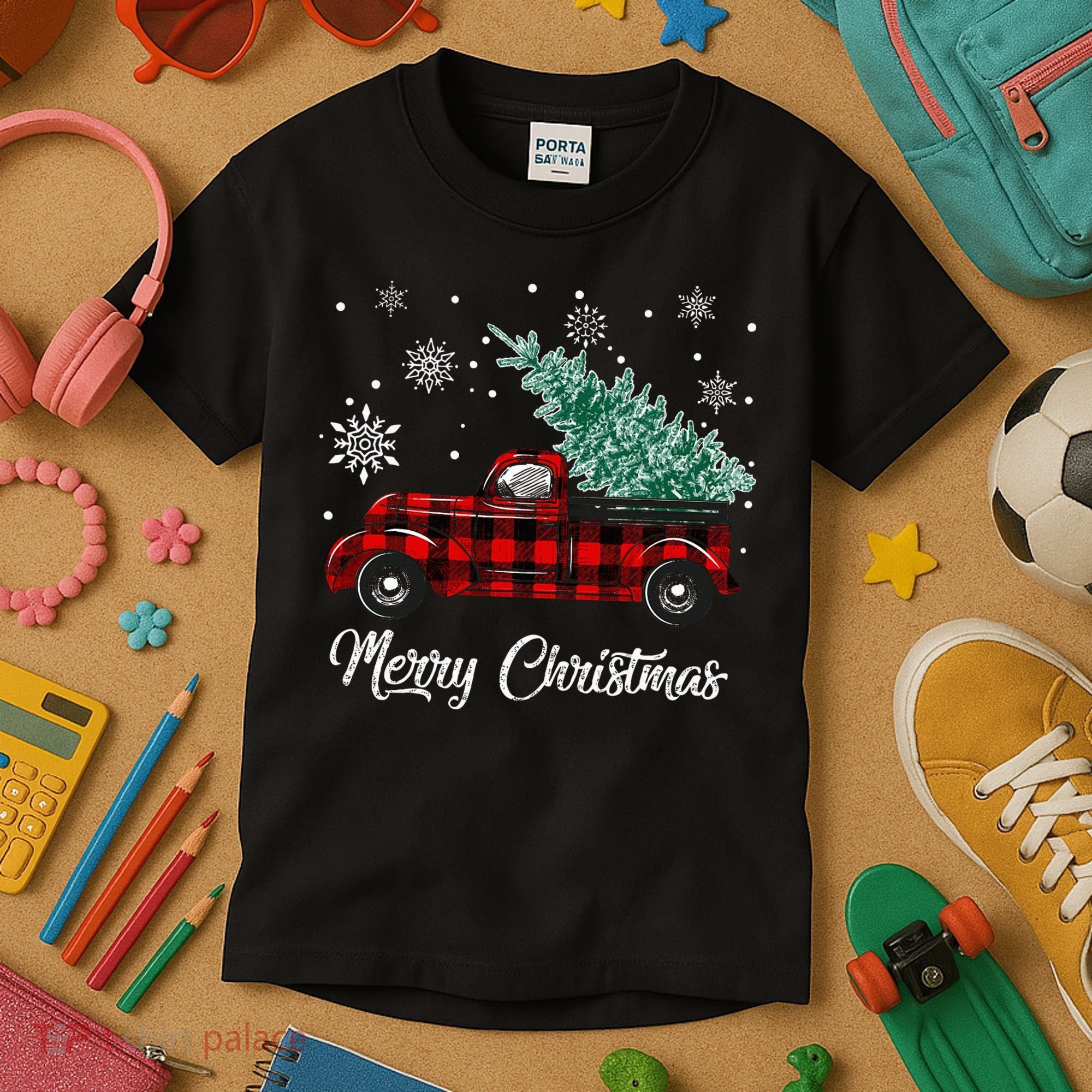 Red Buffalo Plaid Pickup Truck with Tree Merry Christmas Kids T-Shirt