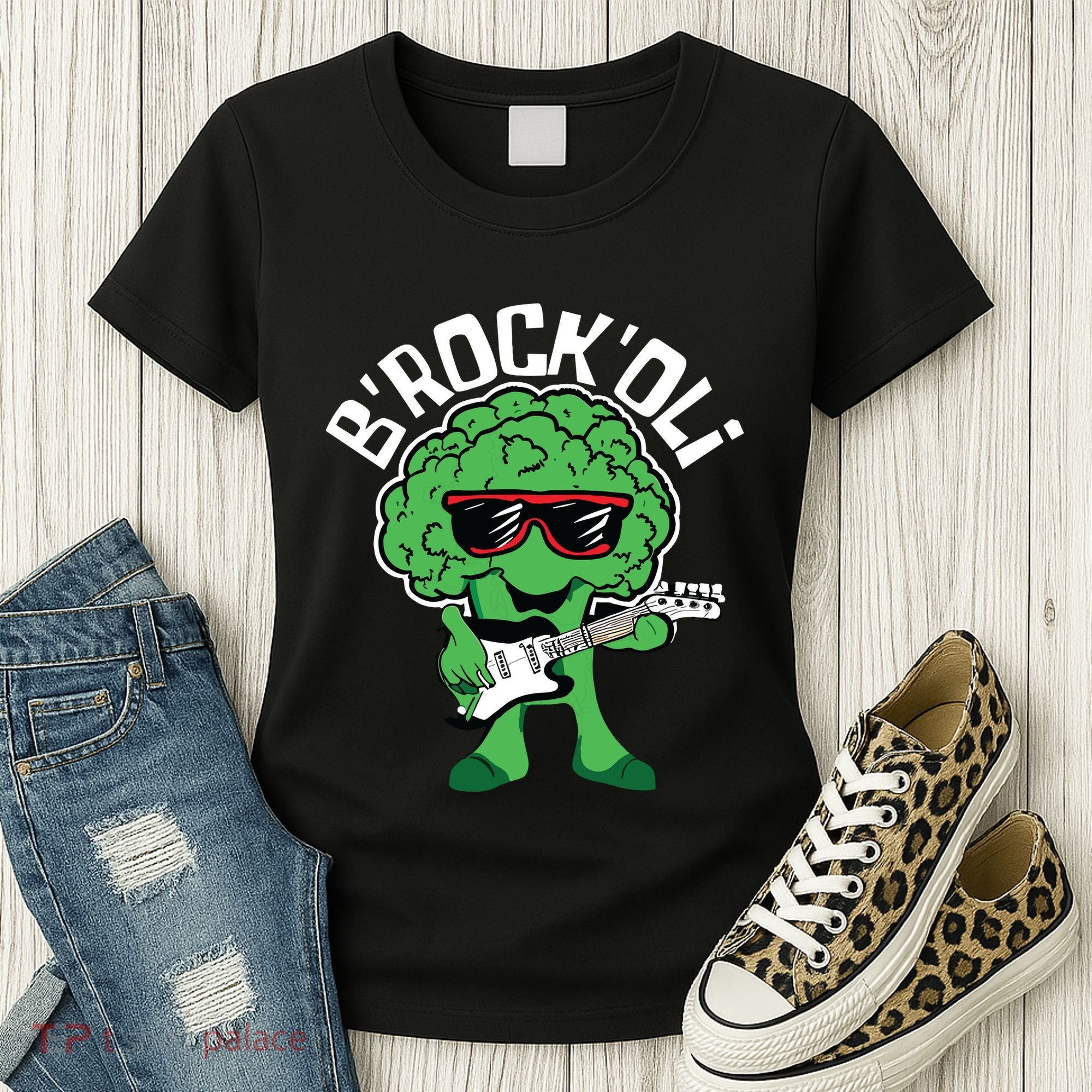 Rocking Broccoli Playing Guitar Veggie Vegetable Vegetarian Women's T-Shirt