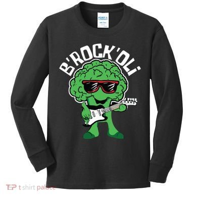 Rocking Broccoli Playing Guitar Veggie Vegetable Vegetarian Kids Long Sleeve Shirt