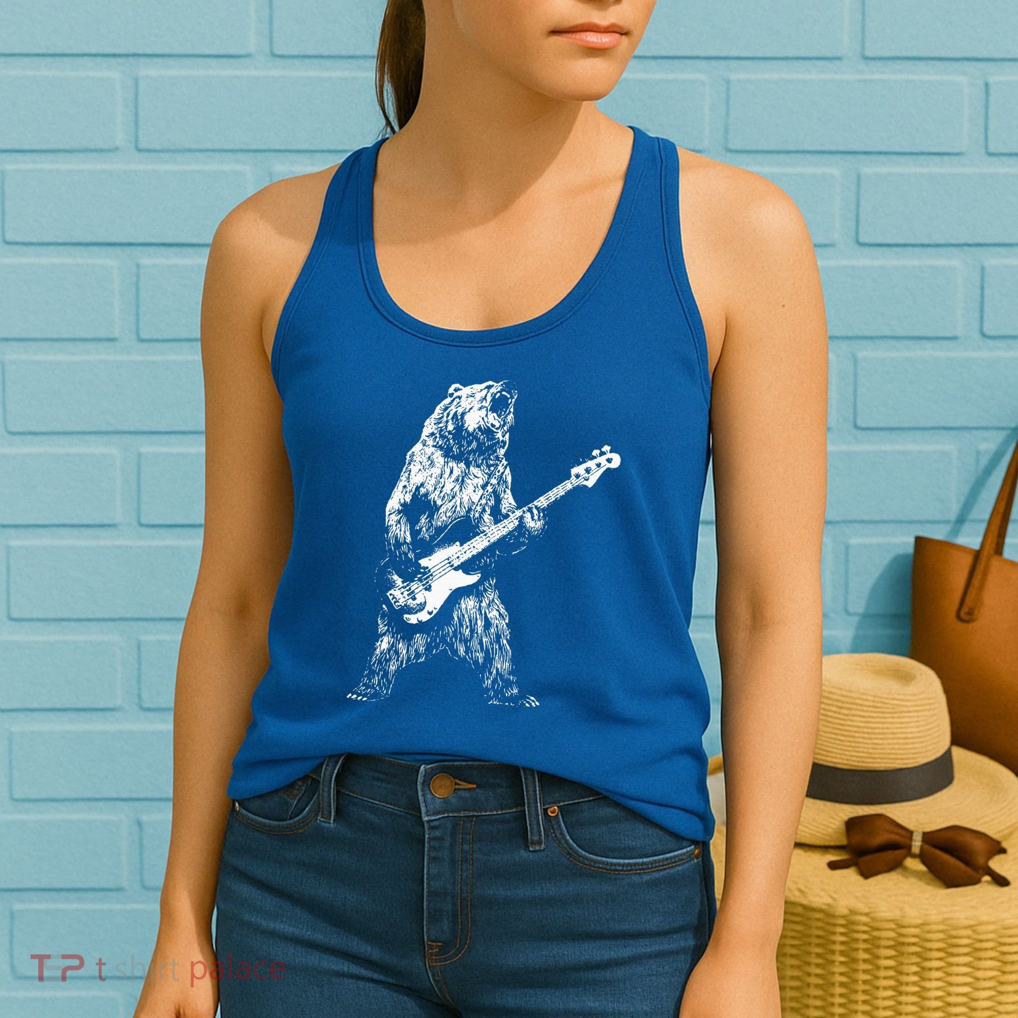 Retro Bear Playing Bass Guitar Bear Guitarist Music Lovers Women's Tank Top