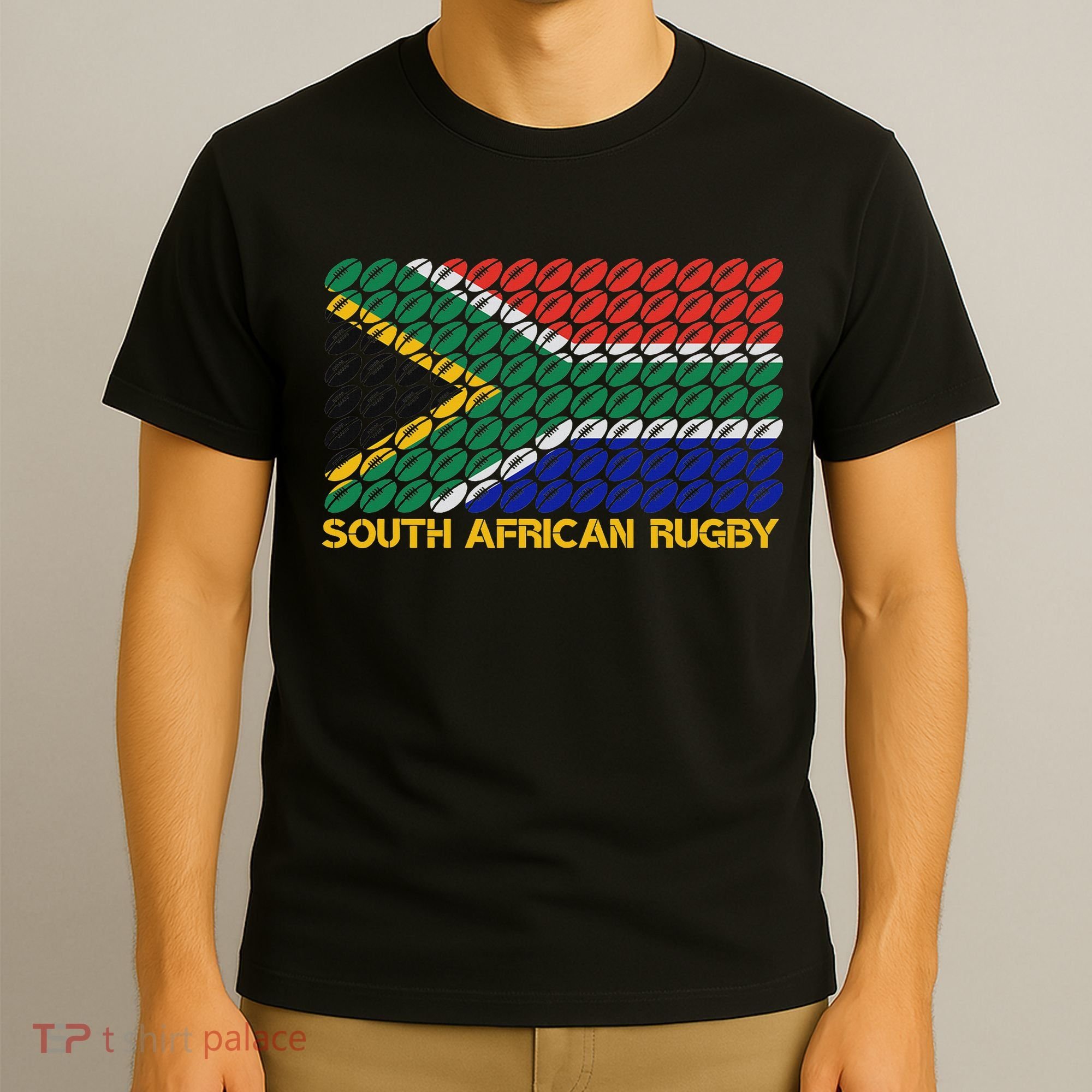 Rugby Ball Pattern South Africa Flag T-Shirt