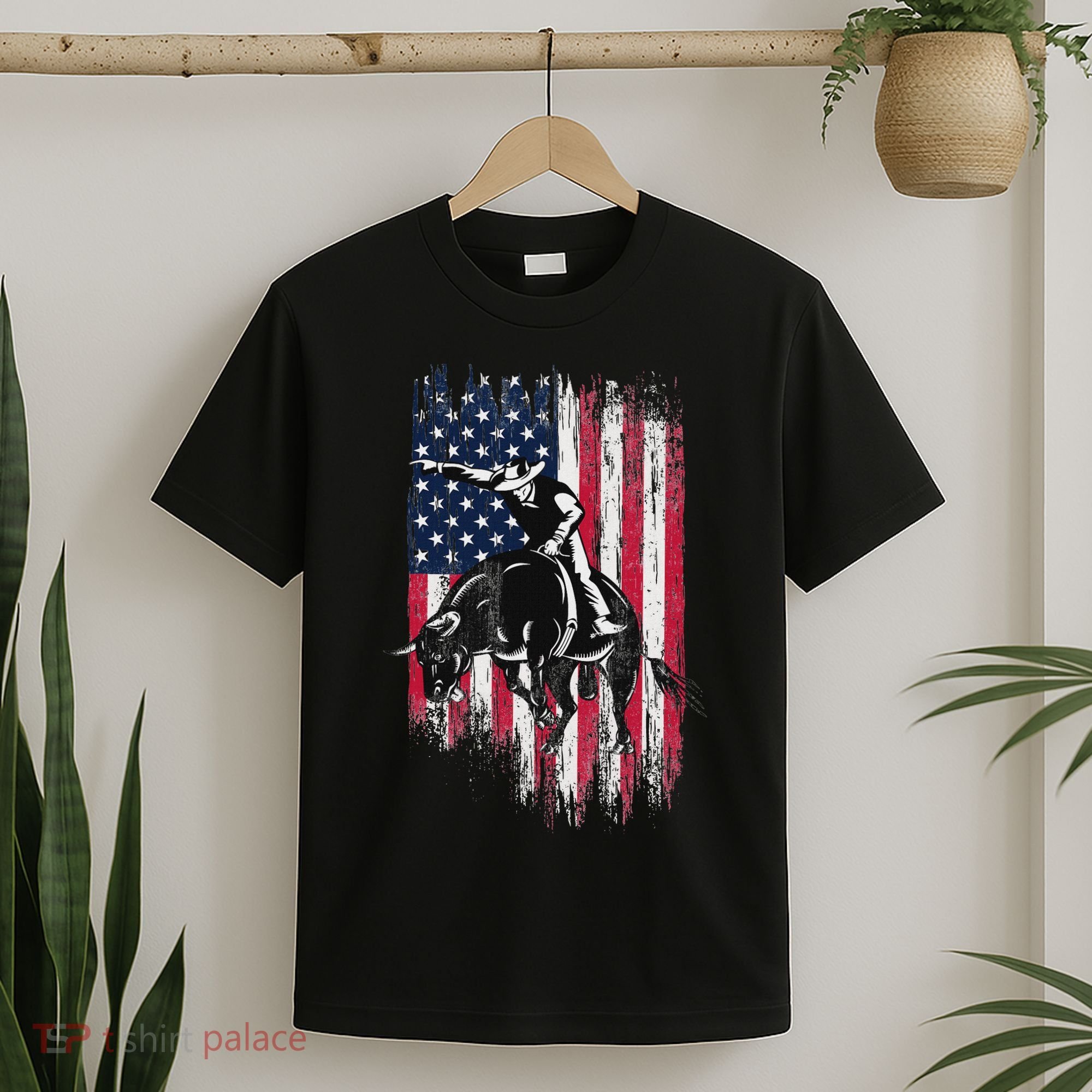 Rodeo Bull Rider Patriotic American Flag Cowboys T-Shirt
