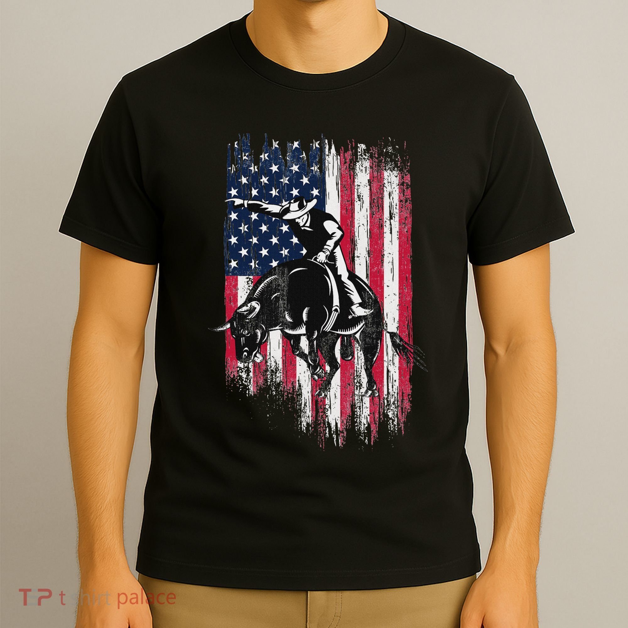 Rodeo Bull Rider Patriotic American Flag Cowboys T-Shirt