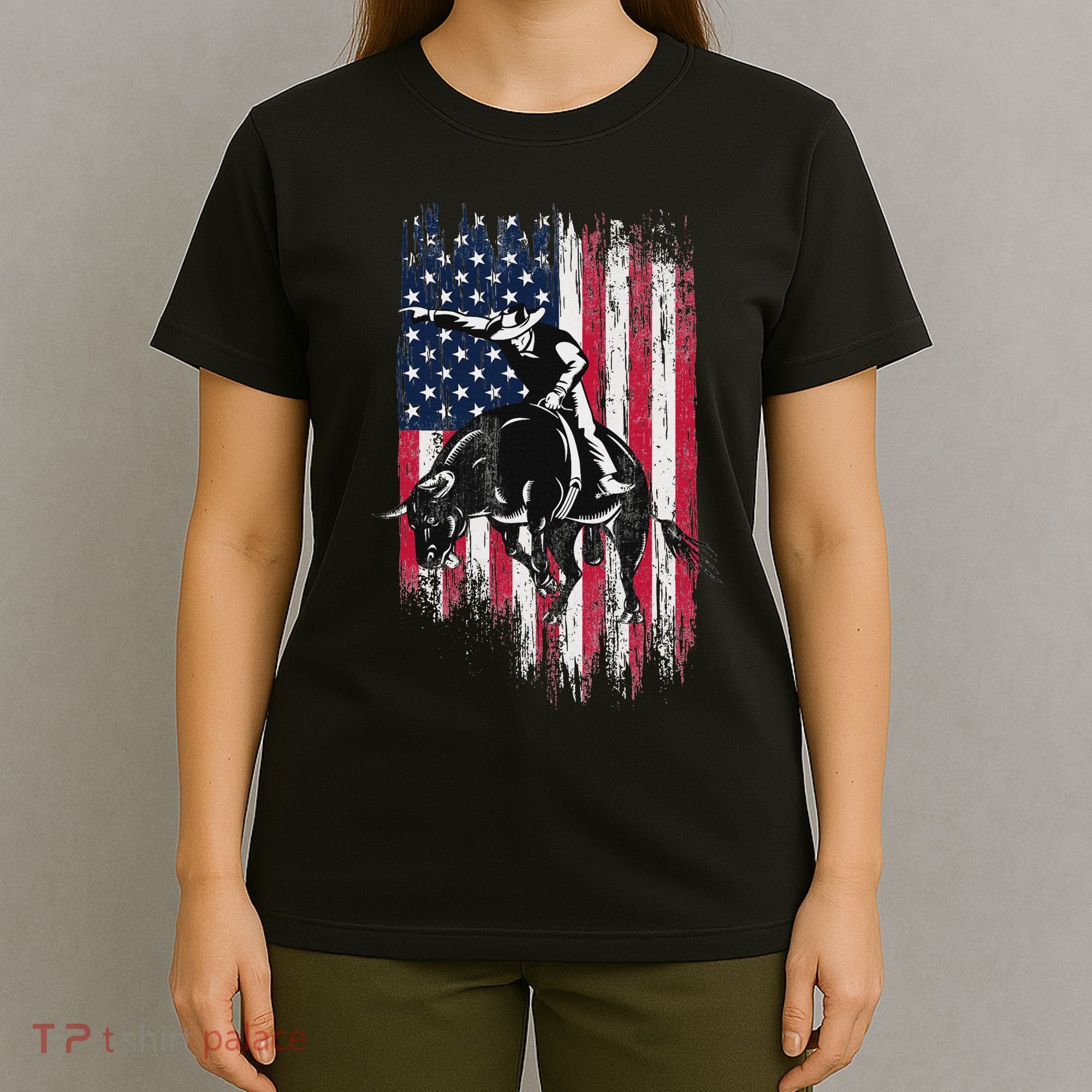 Rodeo Bull Rider Patriotic American Flag Cowboys T-Shirt