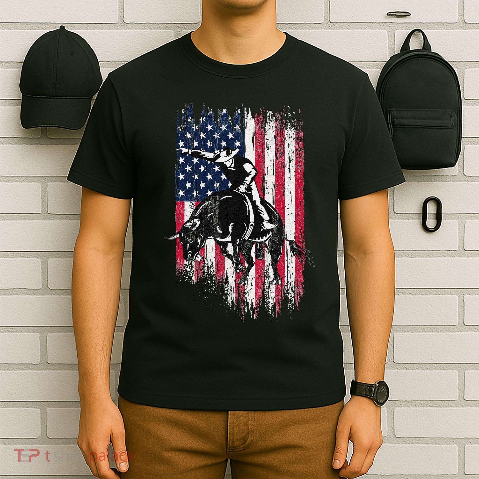 Rodeo Bull Rider Patriotic American Flag Cowboys T-Shirt