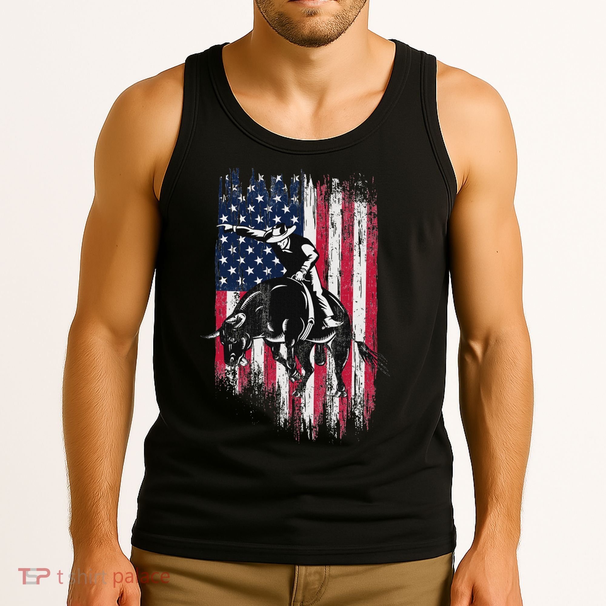 Rodeo Bull Rider Patriotic American Flag Cowboys Tank Top