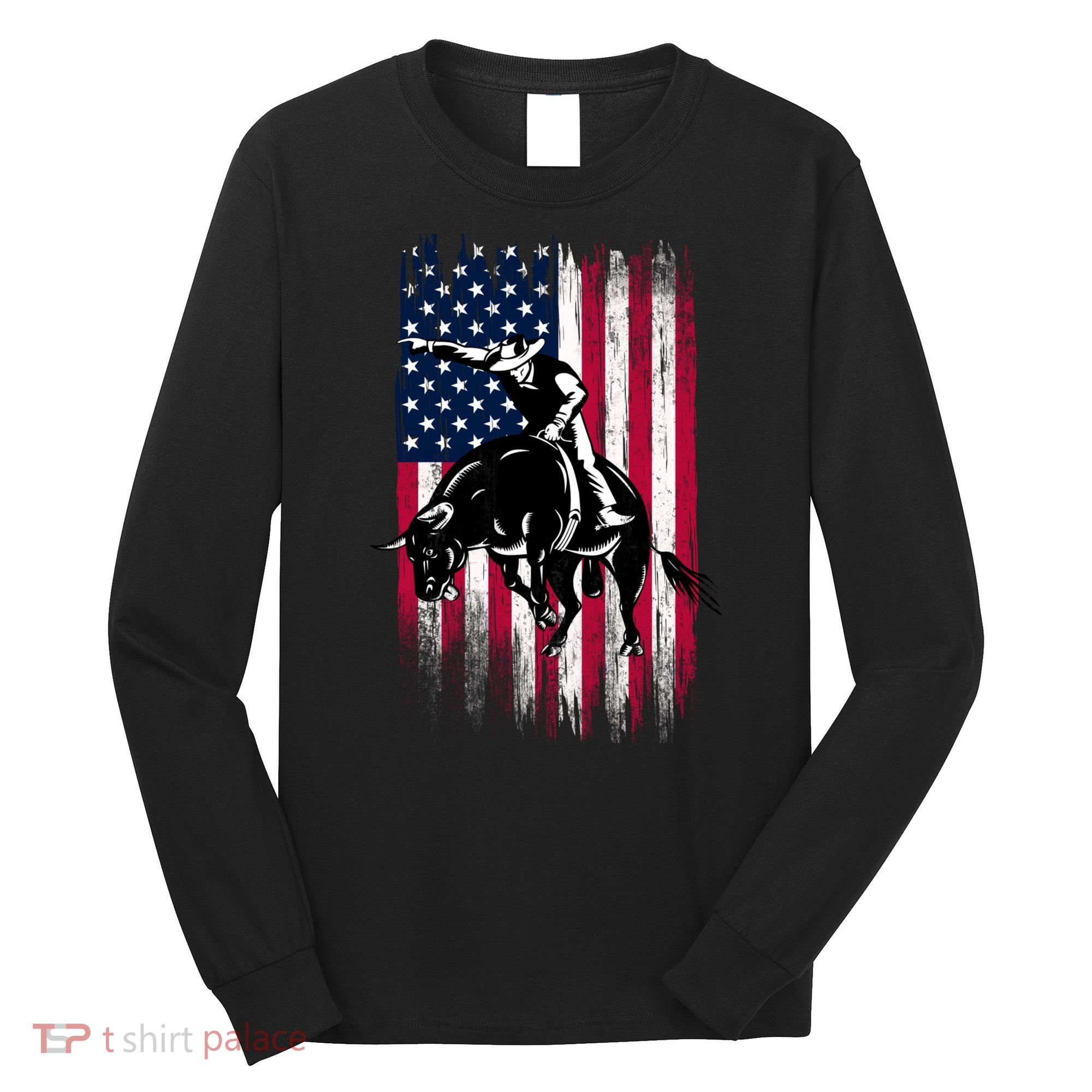 Rodeo Bull Rider Patriotic American Flag Cowboys Long Sleeve Shirt