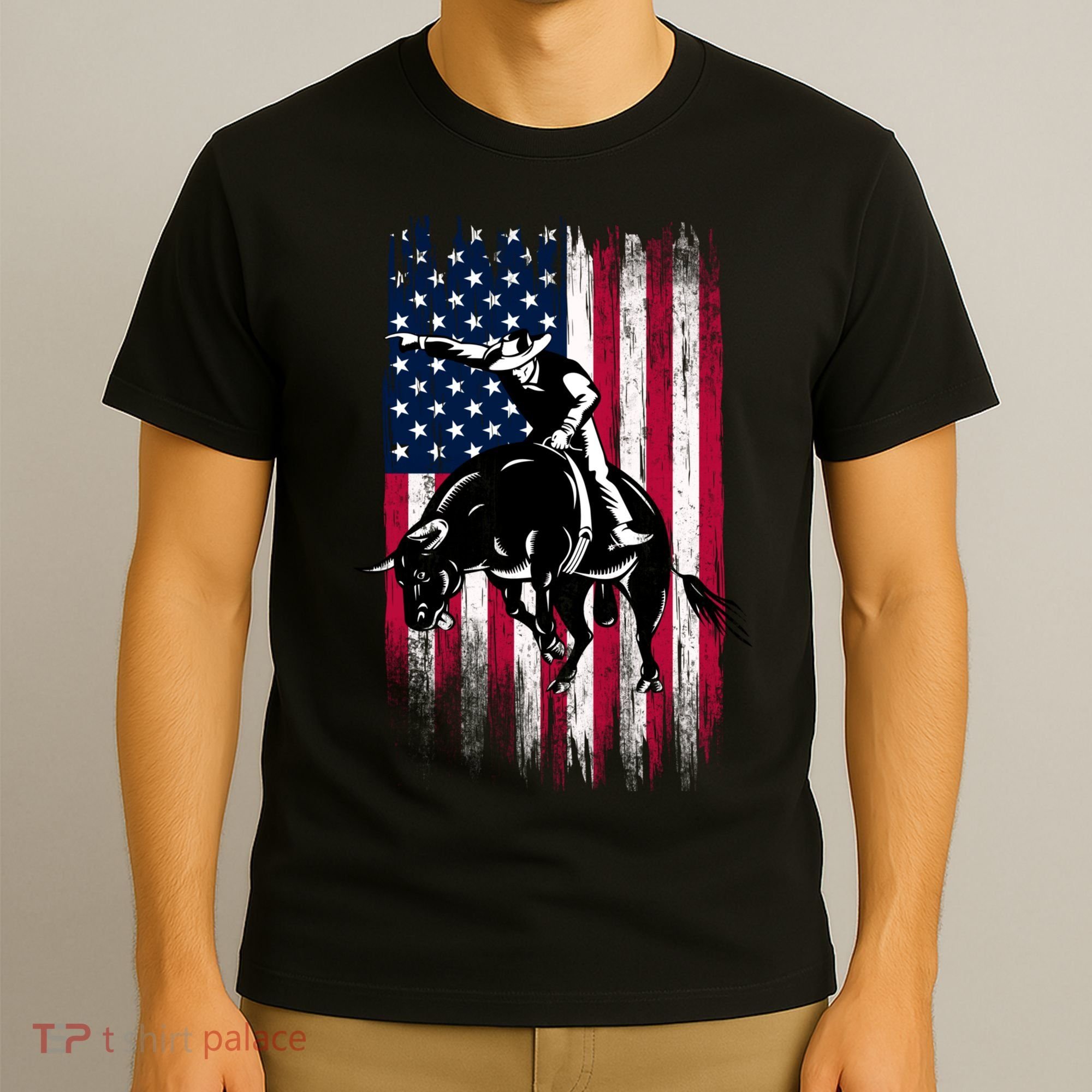 Rodeo Bull Rider Patriotic American Flag Cowboys T-Shirt