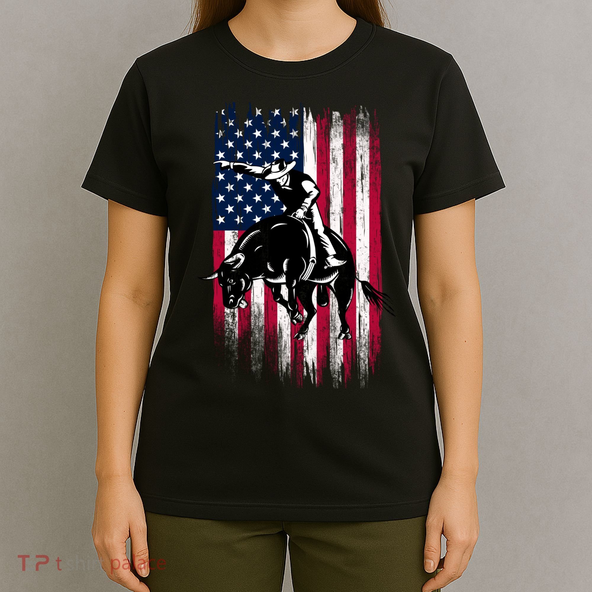 Rodeo Bull Rider Patriotic American Flag Cowboys T-Shirt