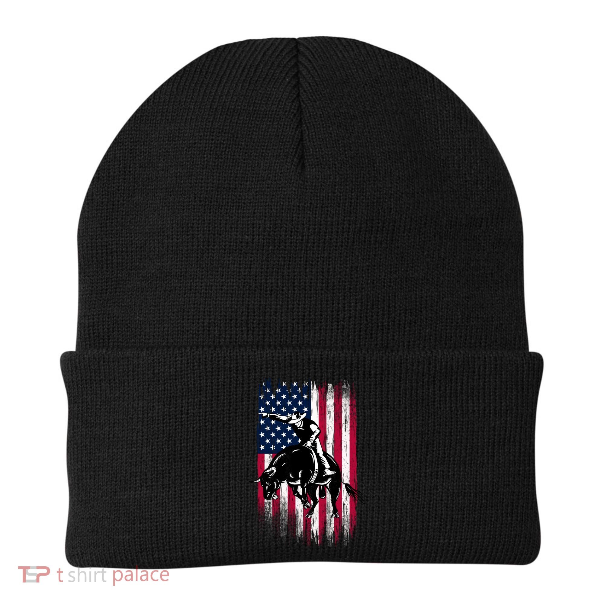 Rodeo Bull Rider Patriotic American Flag Cowboys Beanie