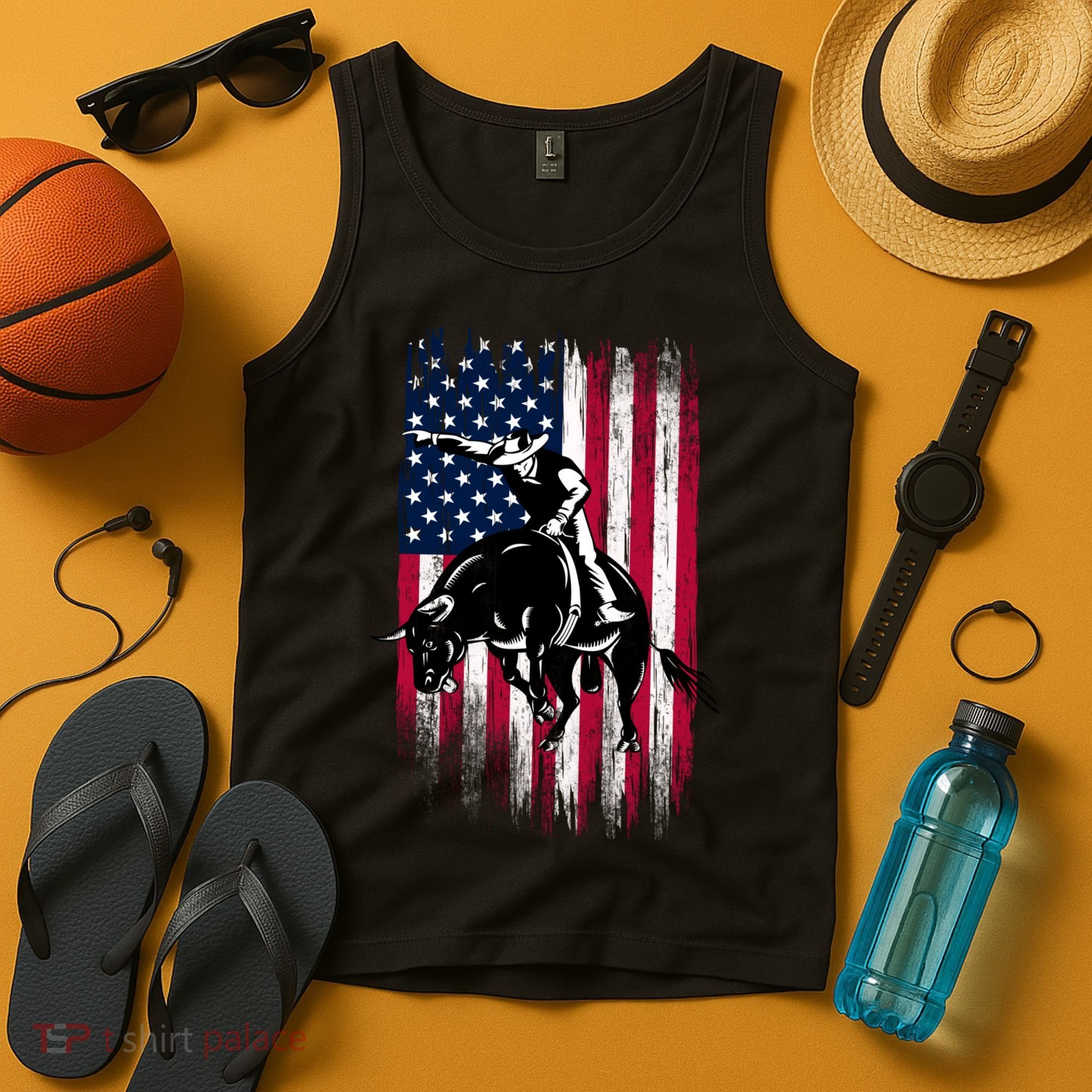 Rodeo Bull Rider Patriotic American Flag Cowboys Tank Top