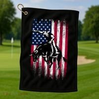 Rodeo Bull Rider Patriotic American Flag Cowboys Golf Towel thumb 1