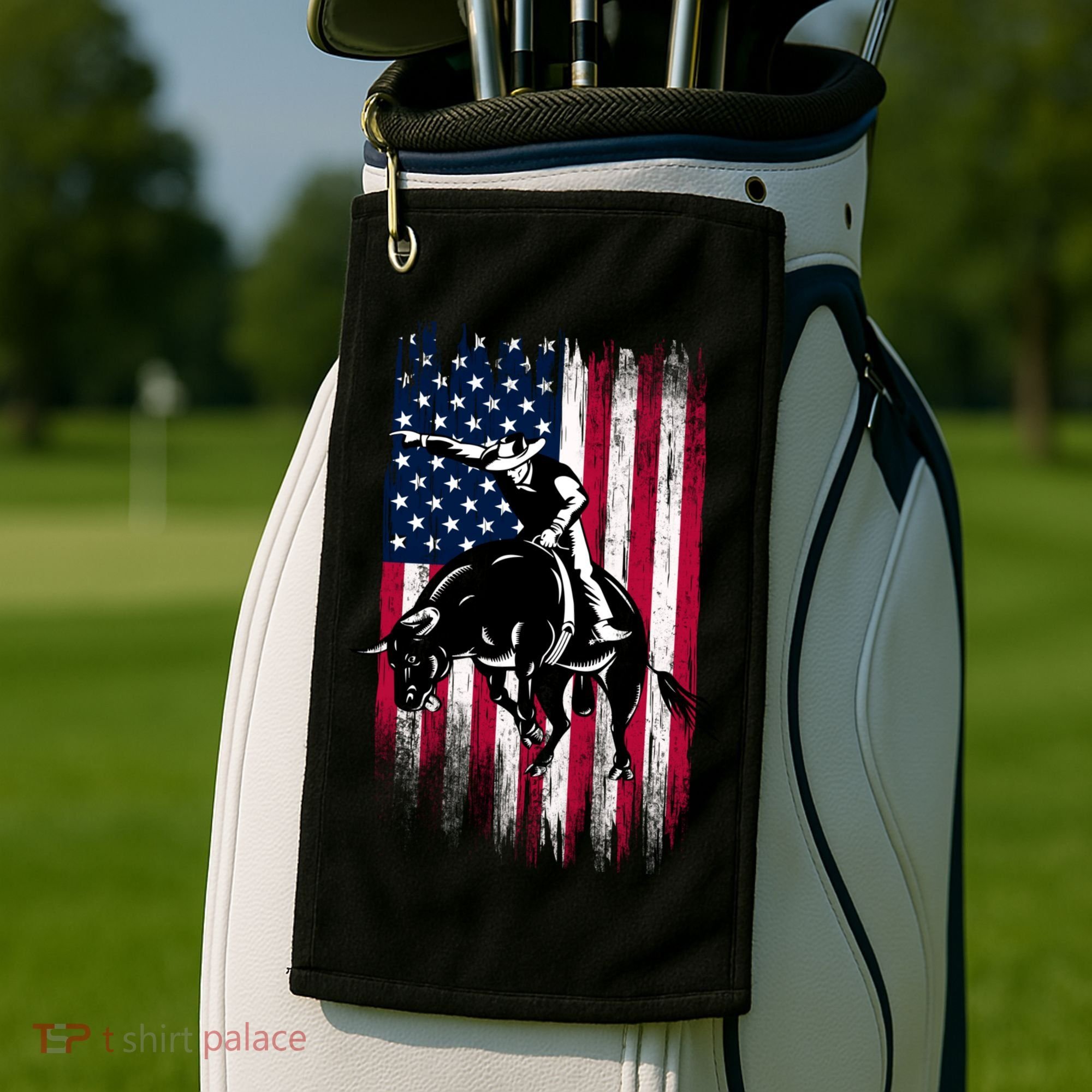 Rodeo Bull Rider Patriotic American Flag Cowboys Golf Towel