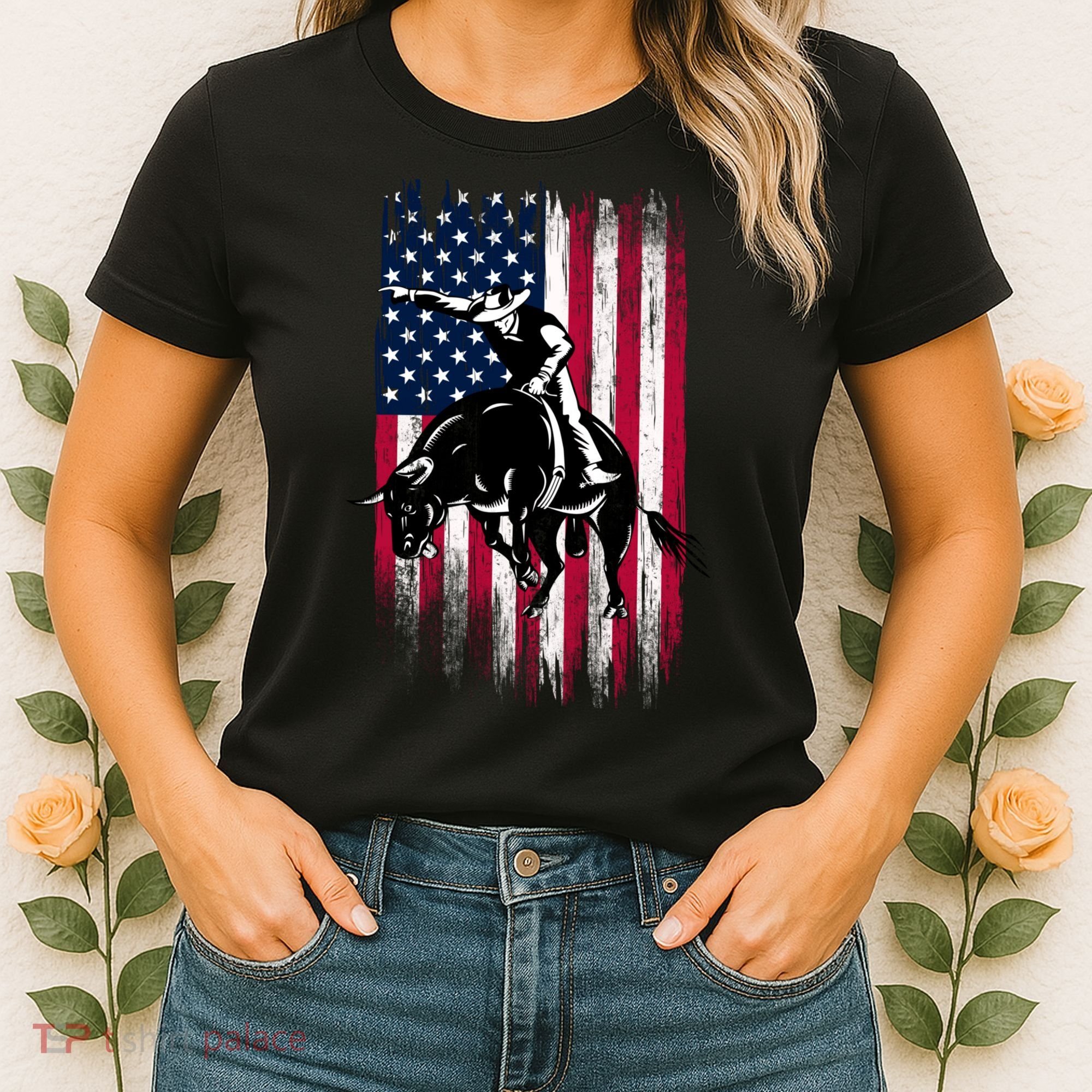 Rodeo Bull Rider Patriotic American Flag Cowboys Women's T-Shirt