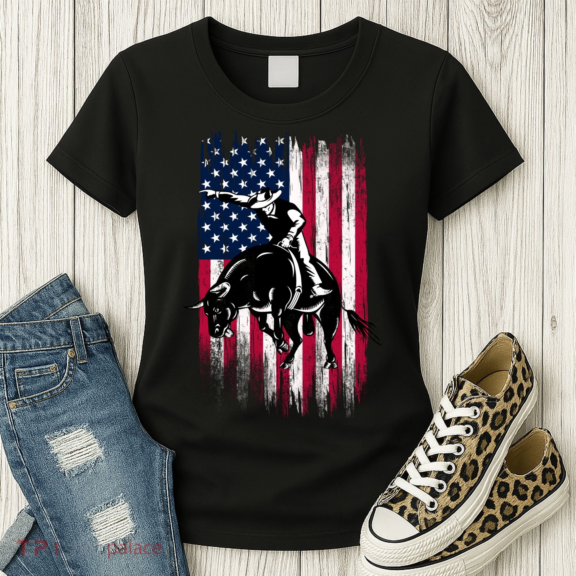 Rodeo Bull Rider Patriotic American Flag Cowboys Women's T-Shirt