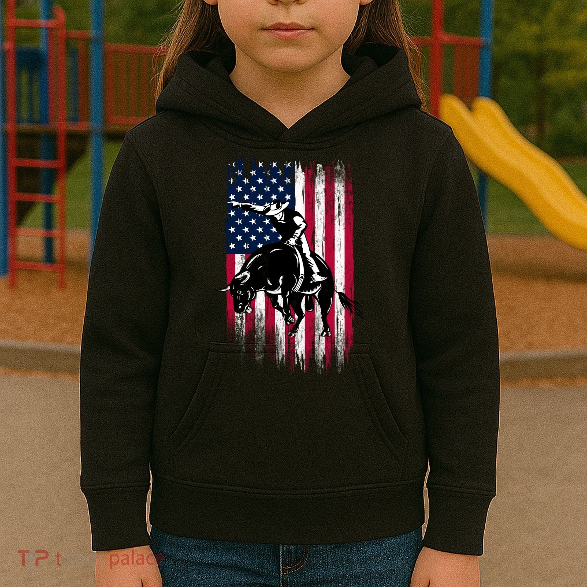 Rodeo Bull Rider Patriotic American Flag Cowboys Kids Hoodie