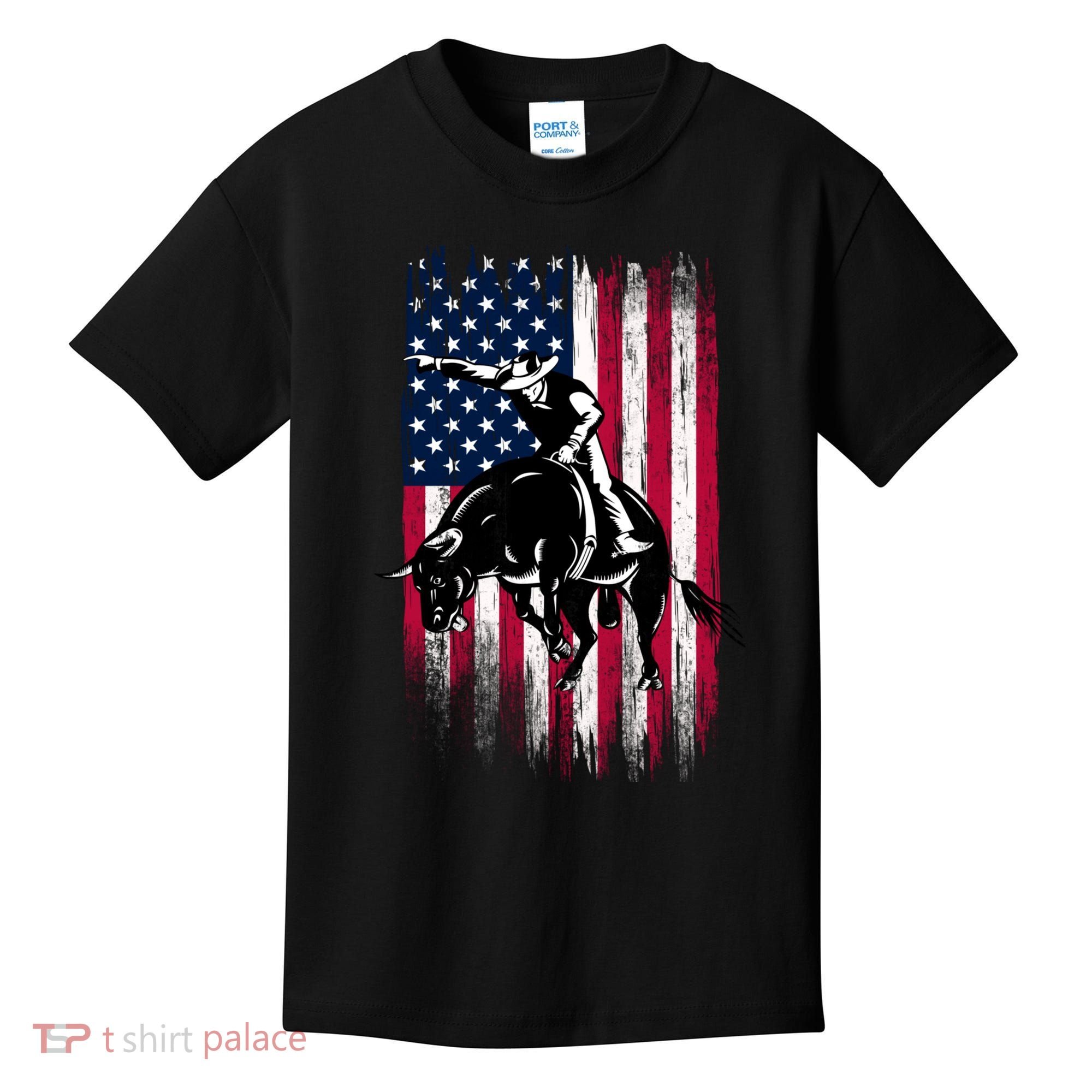 Rodeo Bull Rider Patriotic American Flag Cowboys Kids T-Shirt