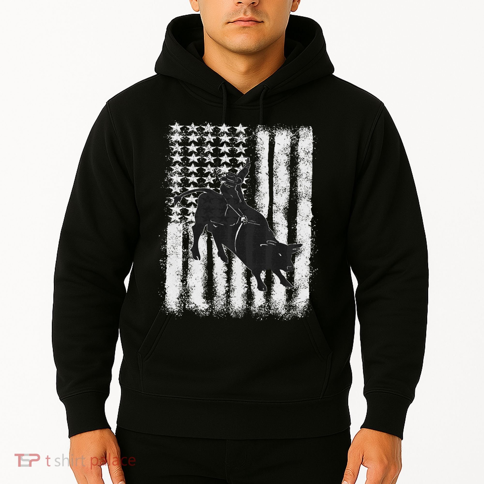 Rodeo Bull Riding Distressed Grunge American Flag Keepsake Hoodie